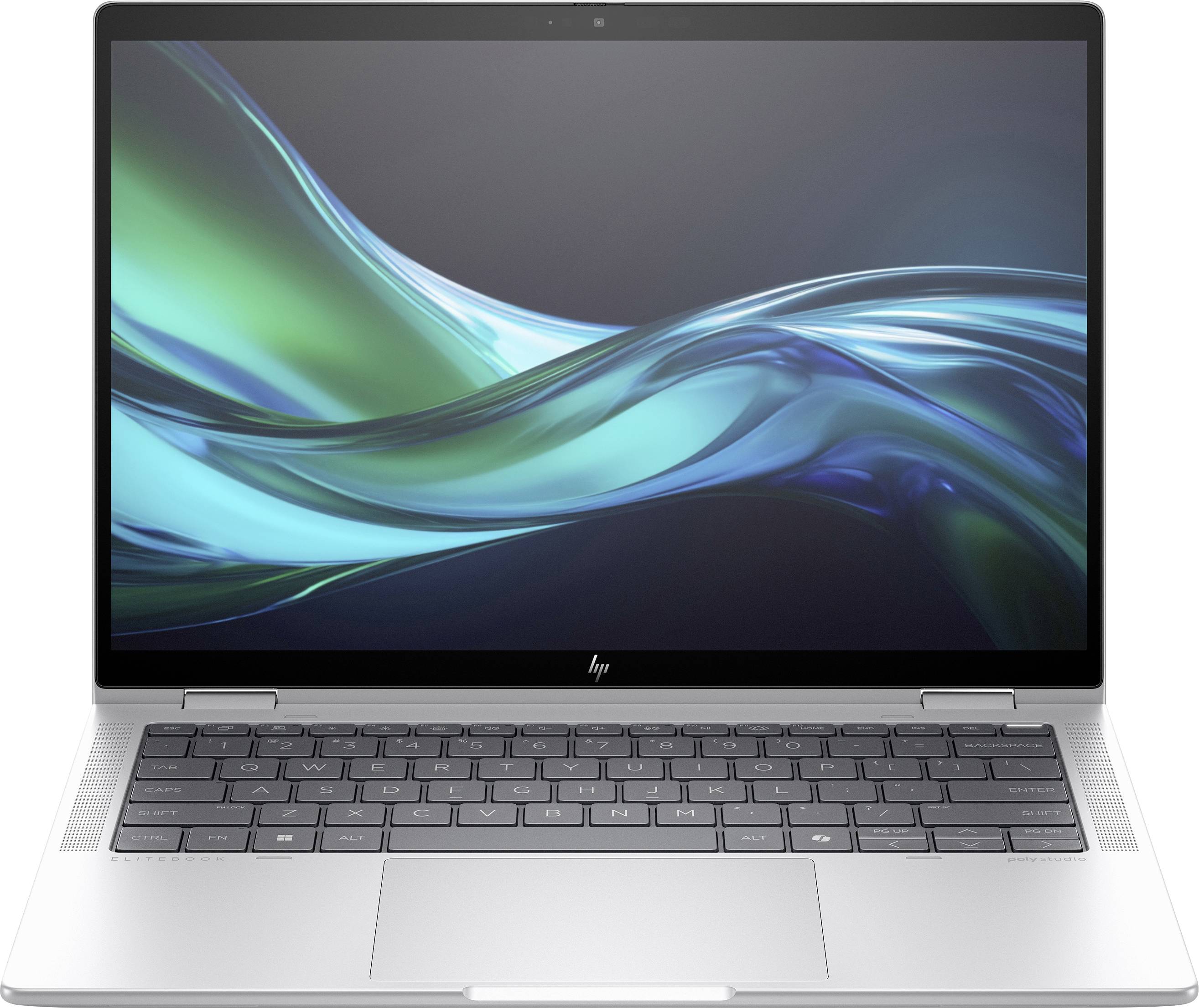Ein Laptop mit geöffnetem Display. Die Benutzeroberfläche zeigt eine abstrakte grüne und blaue Wellenform.