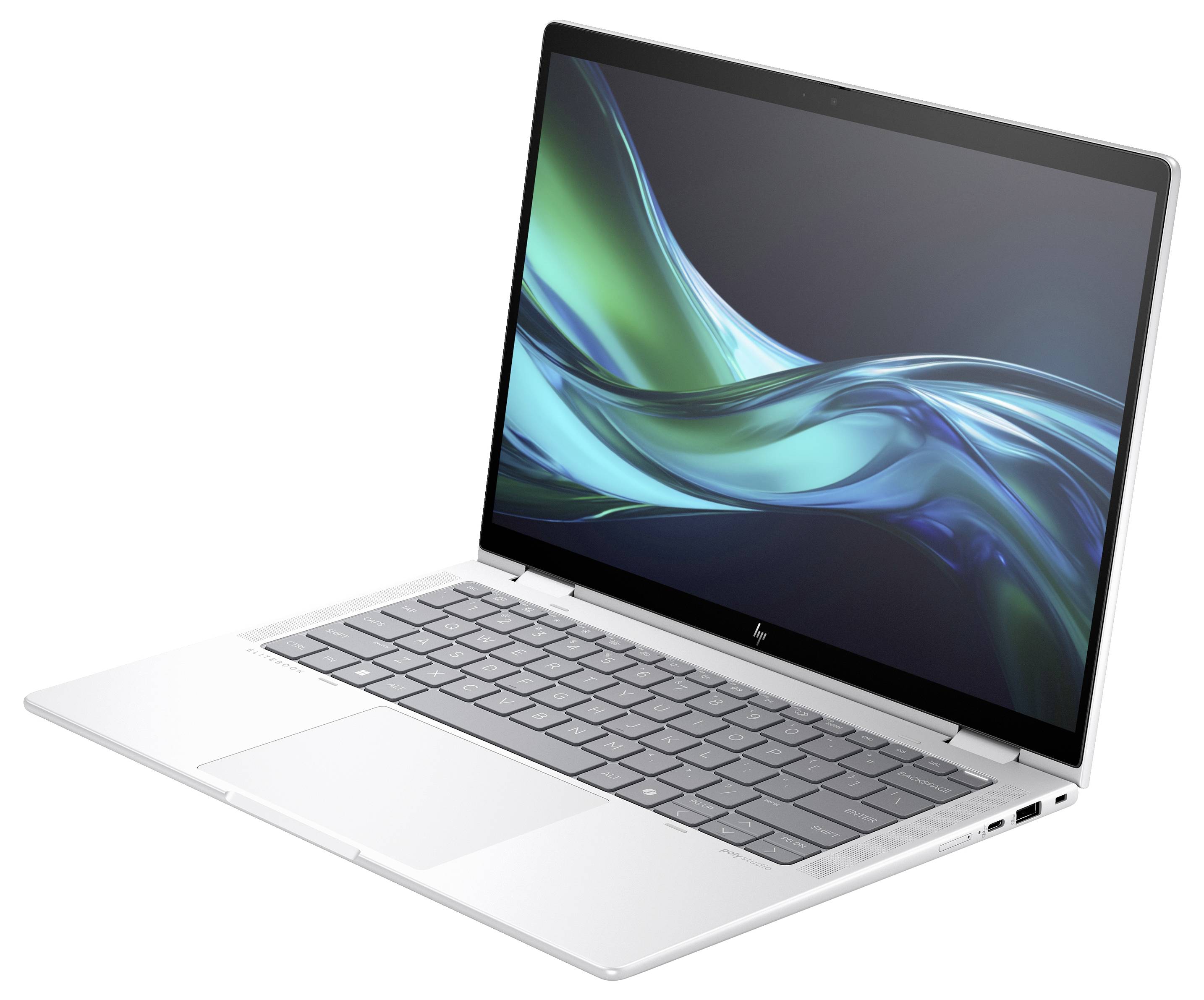 Ein silberner Laptop mit offenem Bildschirm, auf dem ein blau-grüner abstrakter Hintergrund angezeigt wird. Tastatur und Touchpad sind sichtbar.