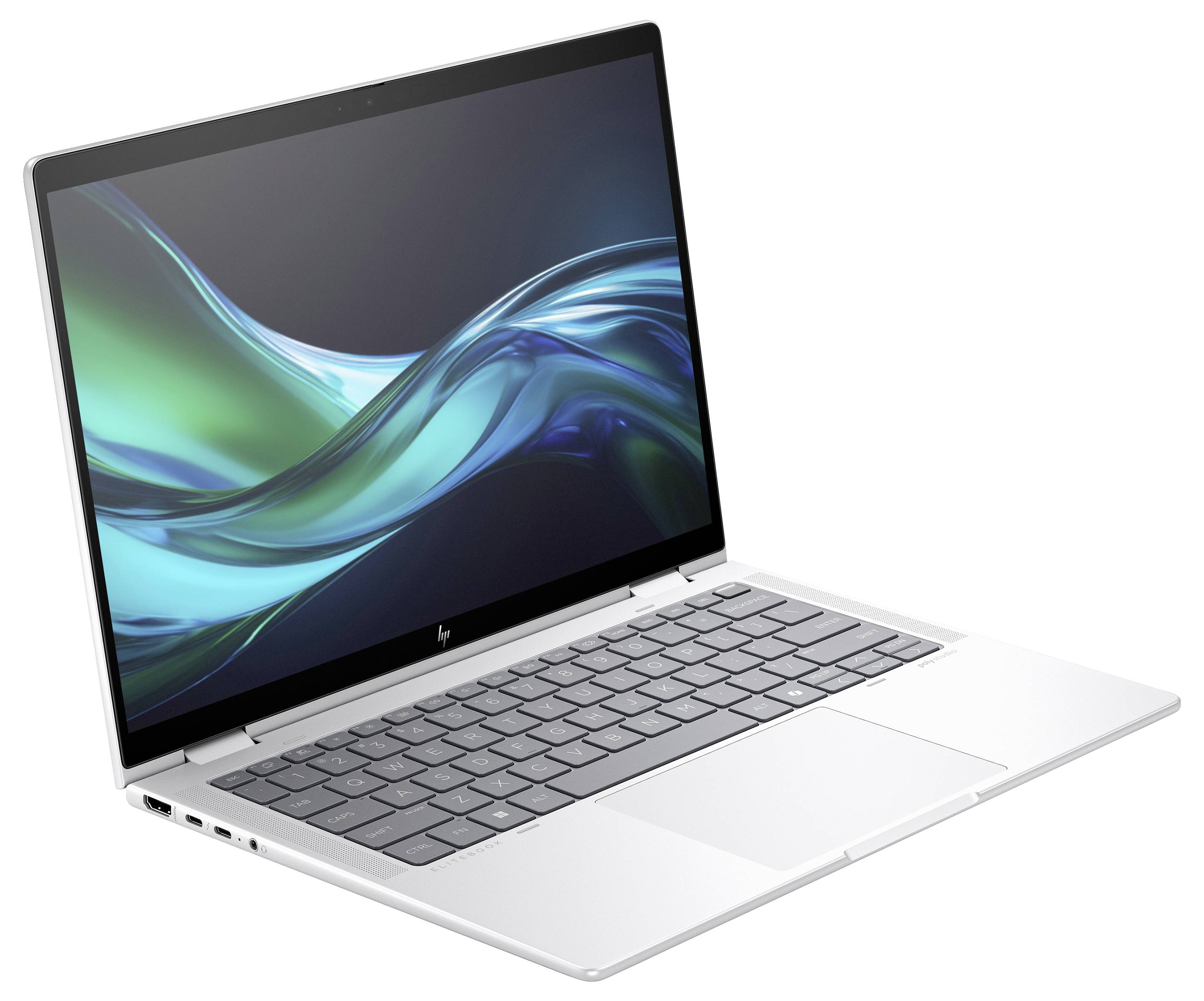 Ein silbernes Laptop mit aufgeklapptem Bildschirm zeigt ein dynamisches, blau-grünes abstraktes Design auf dem Display.