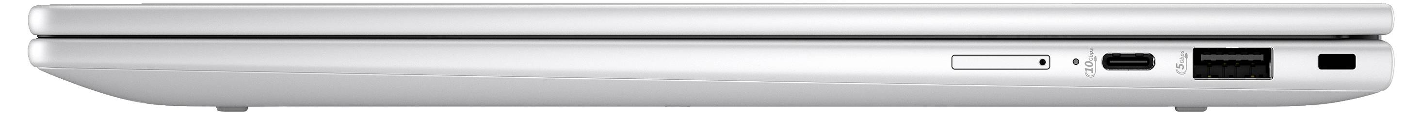 Silberner Laptop von der Seite, zeigt USB-Anschlüsse und Ethernet-Port, leicht geöffnet.