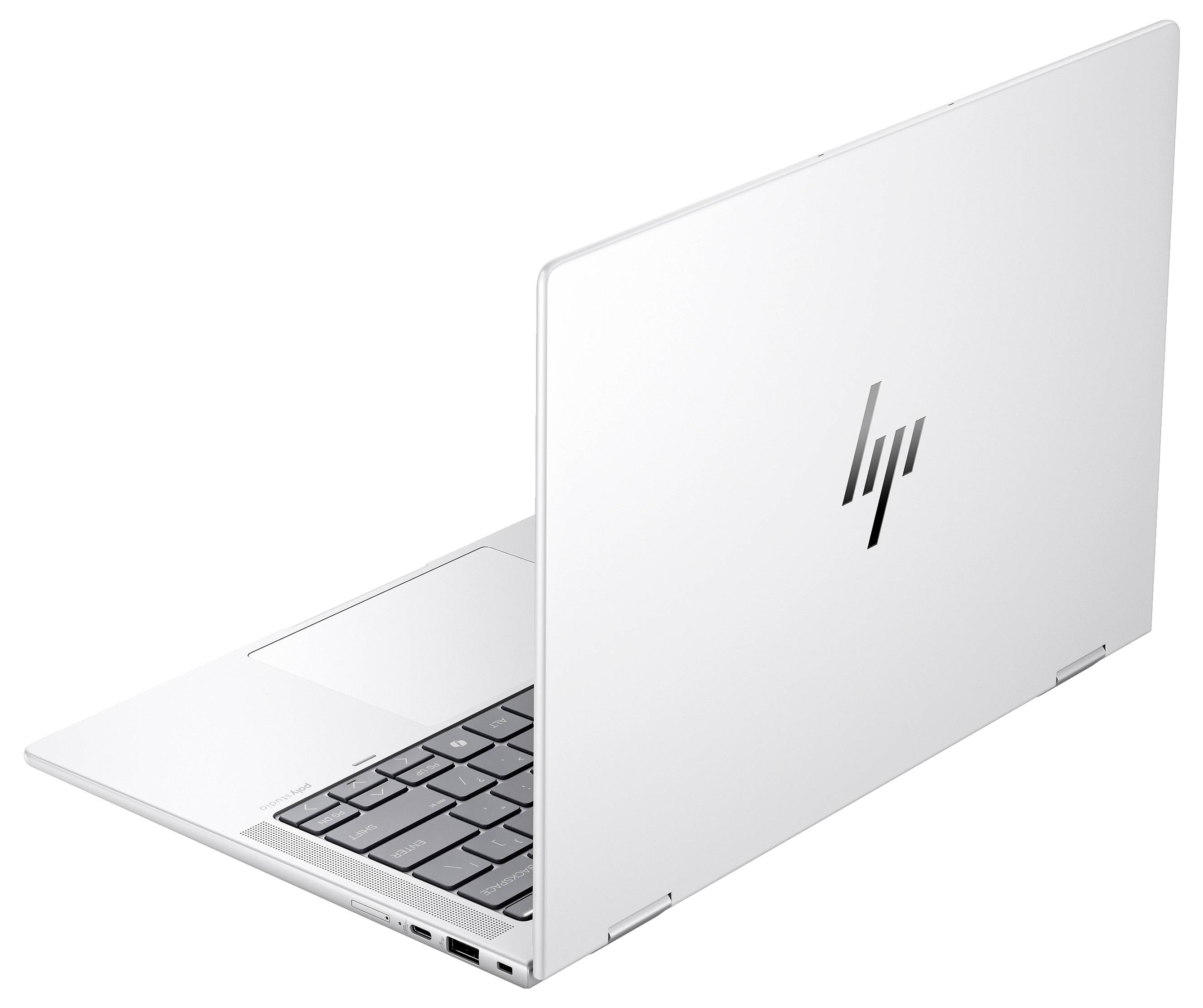 Ein weißer Laptop mit einem geöffneten Display zeigt die Tastatur und den Logo auf der Rückseite des Bildschirms.
