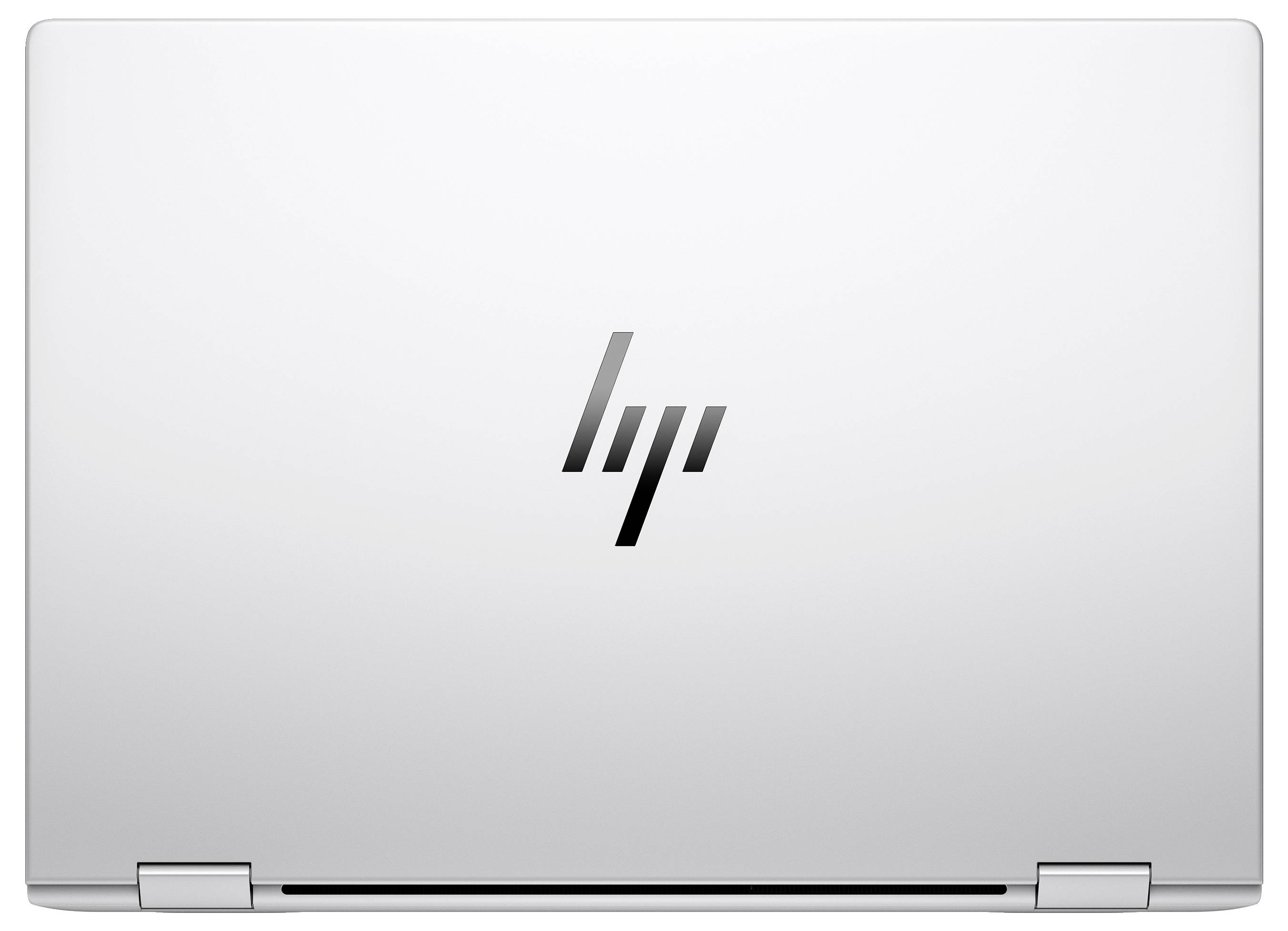 Silberner Laptop mit stilisiertem Logo in der Mitte des Deckels.