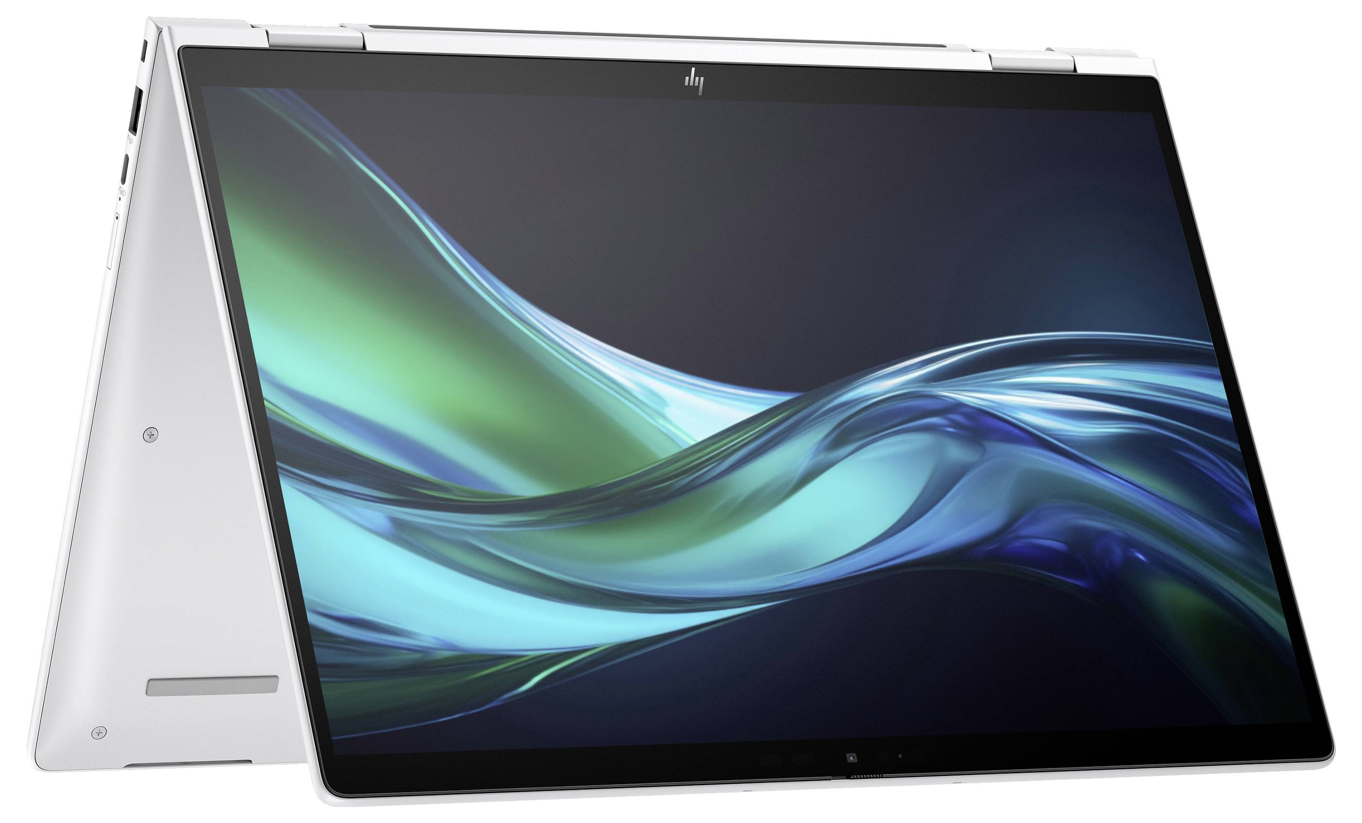 Ein weißer Laptop in Zeltstellung mit einem blauen Wellenbildschirm, geeignet für Präsentationen oder digitale Arbeiten.