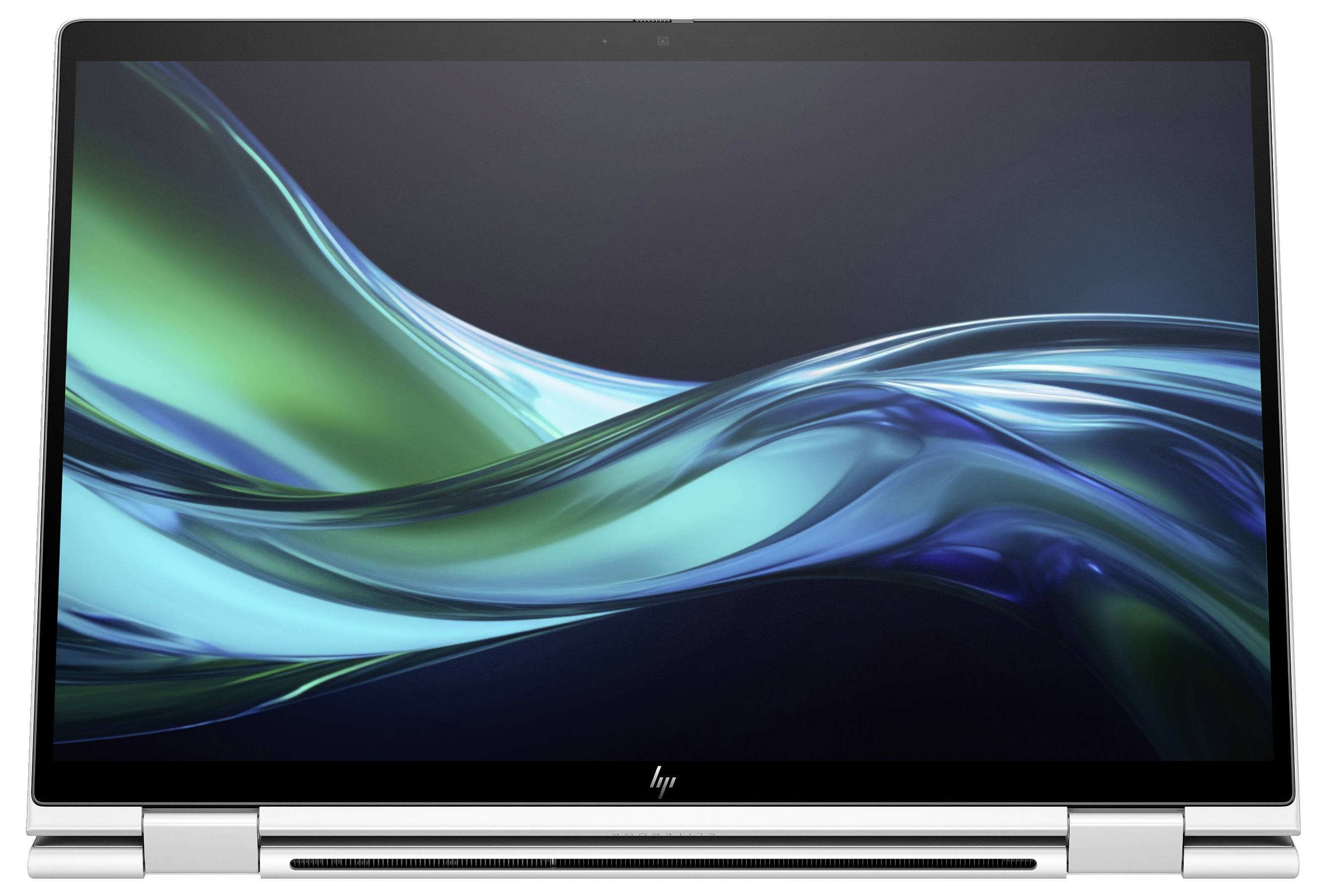 Ein Laptop mit einem farbenfrohen Bildschirmhintergrund, der blaue und grüne Wellen darstellt.