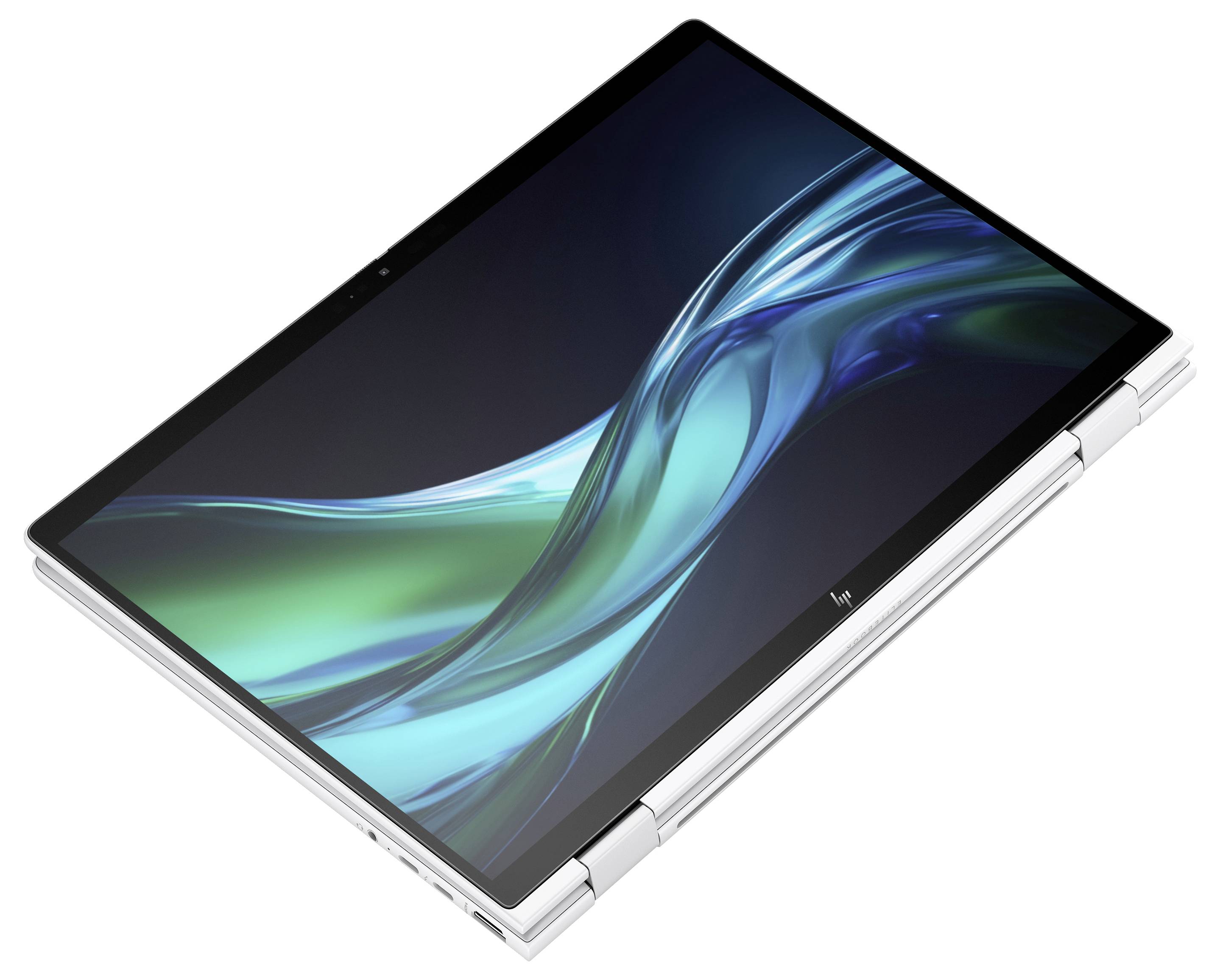 Ein silberner Laptop in Tablet-Modus, Bild zeigt das Display mit blauen und grünen Wellenmustern, auf weißem Hintergrund.