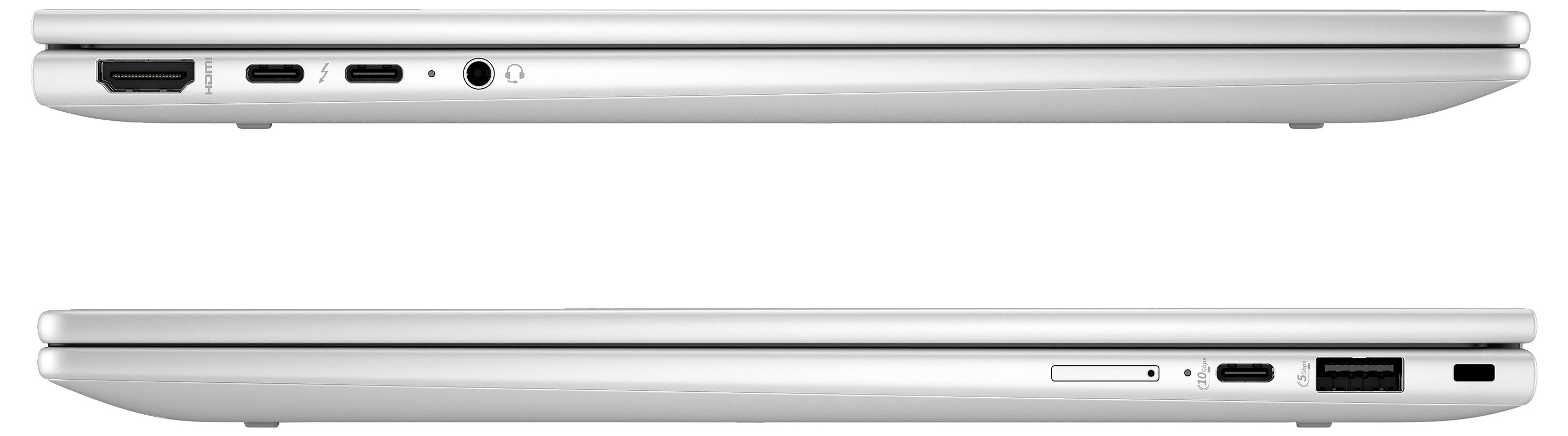 Die Seitenansicht von zwei aufgeklappten Laptops, die verschiedene Anschlüsse wie HDMI, USB-C, und USB-A zeigen.