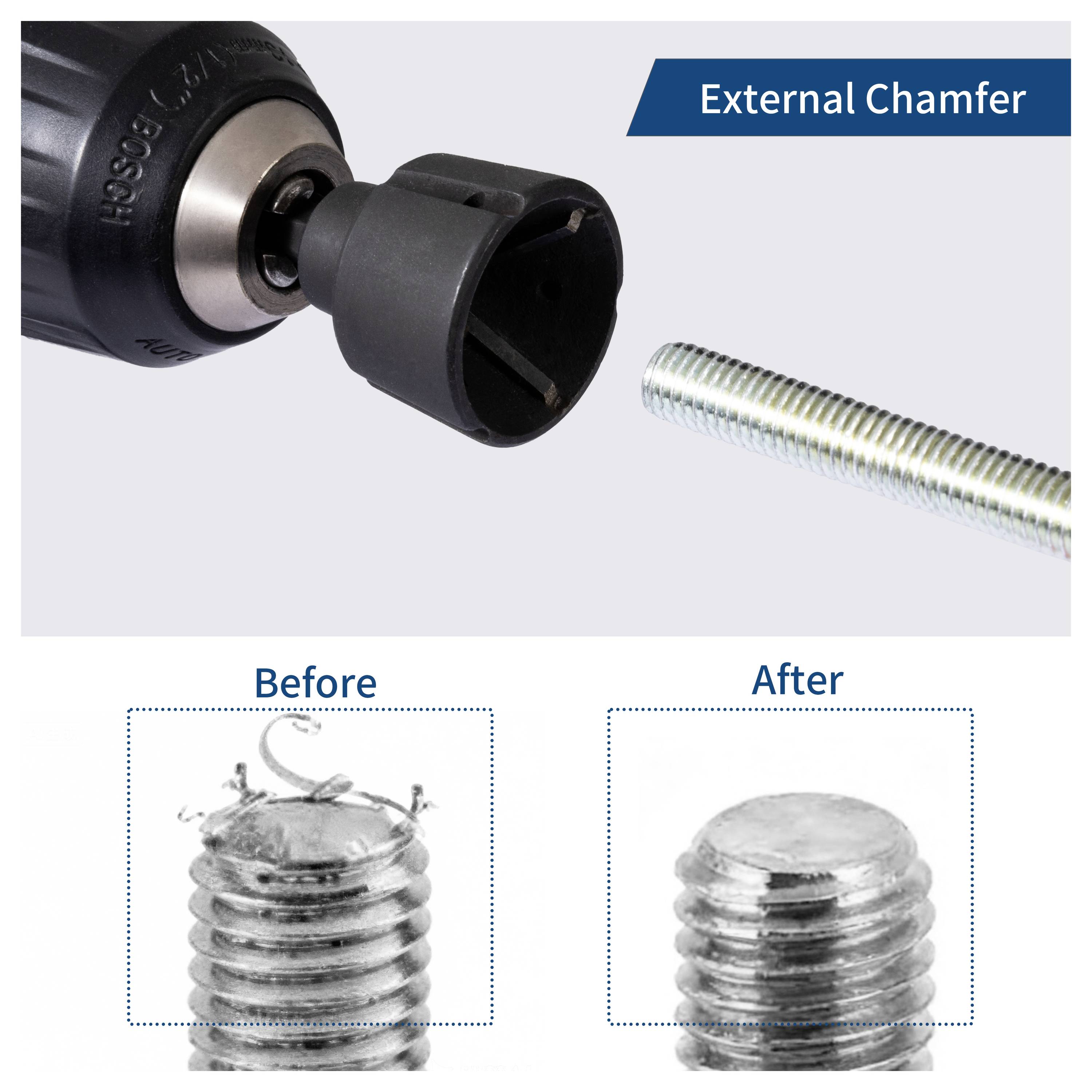 Darstellung eines externen Fassenbohrers, der eine Gewindestange bearbeitet, mit Vorher-Nachher-Nahaufnahmen, die ein raues Gewinderende zeigen, das durch Fasen geglättet wird.