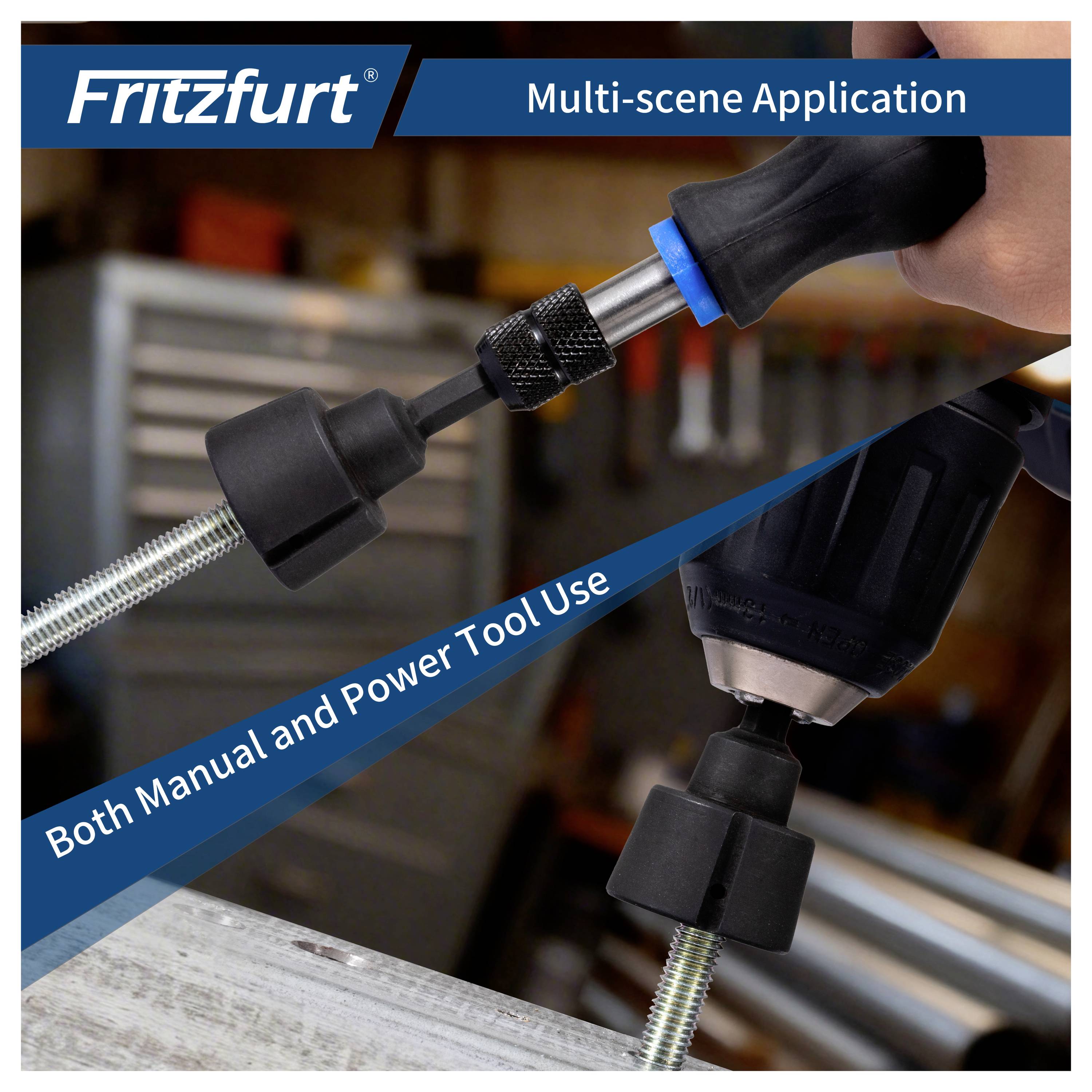 Fritzfurt Multi-Szenario-Anwendung, die eine Bohr-/Schrauber-Aufsatz-Befestigung zeigt, die mit manuellen und elektrischen Werkzeugen verwendet wird.