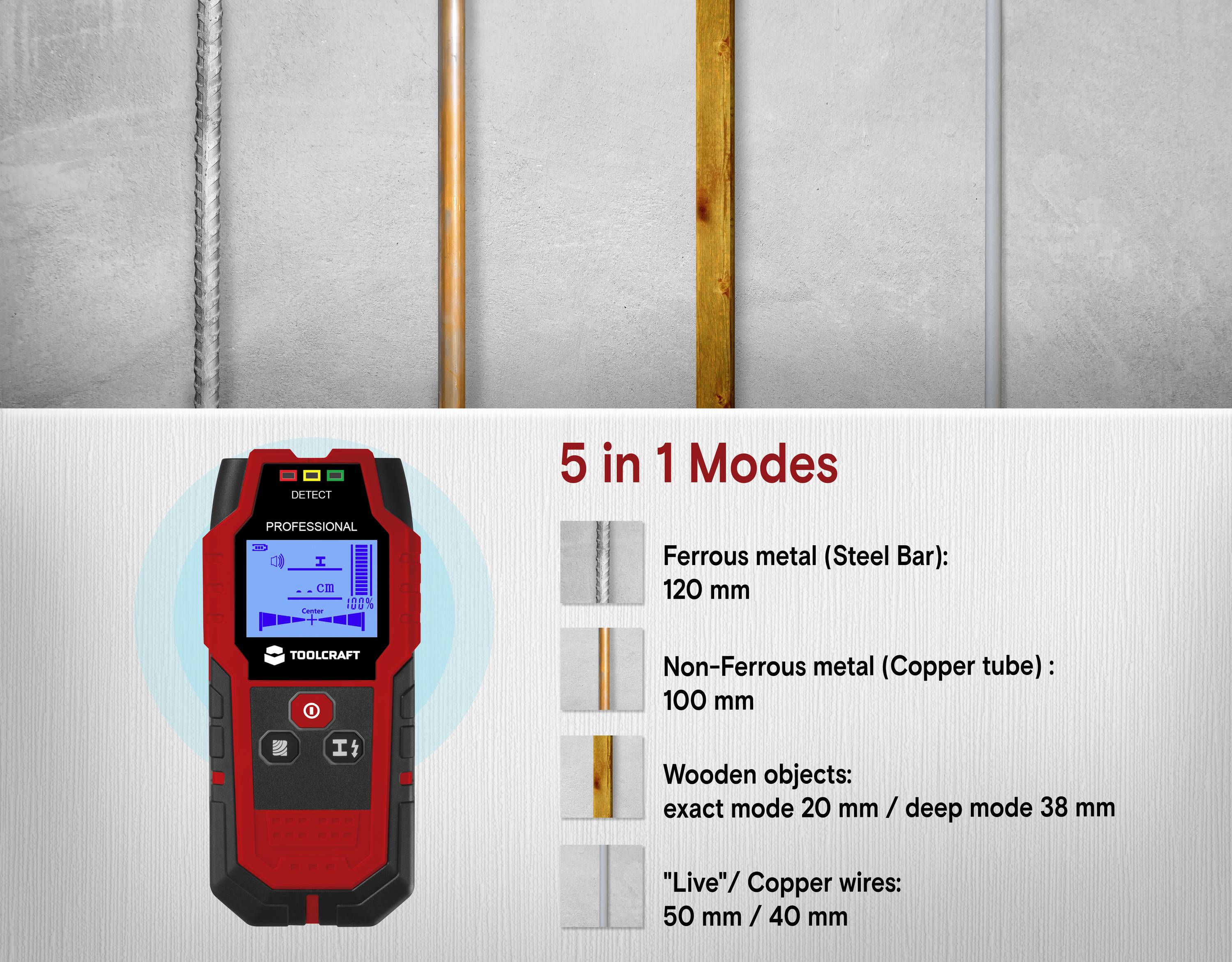 TOOLCRAFT Ortungsgerät TO-9627699 Ortungstiefe (max.) 120mm Geeignet für Holz, eisenhaltiges Metall, nicht eisenhaltiges Metall