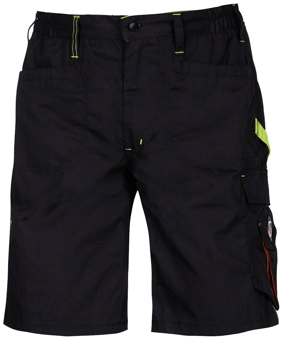 Eine schwarze Cargo-Shorts mit grünen Akzenten und mehreren Taschen, geeignet für Outdoor-Aktivitäten.