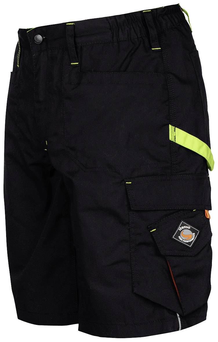 Schwarze Arbeitsshorts mit mehreren Taschen, auffälligen neonfarbenen Akzenten und einem kleinen Logo an der rechten Tasche.