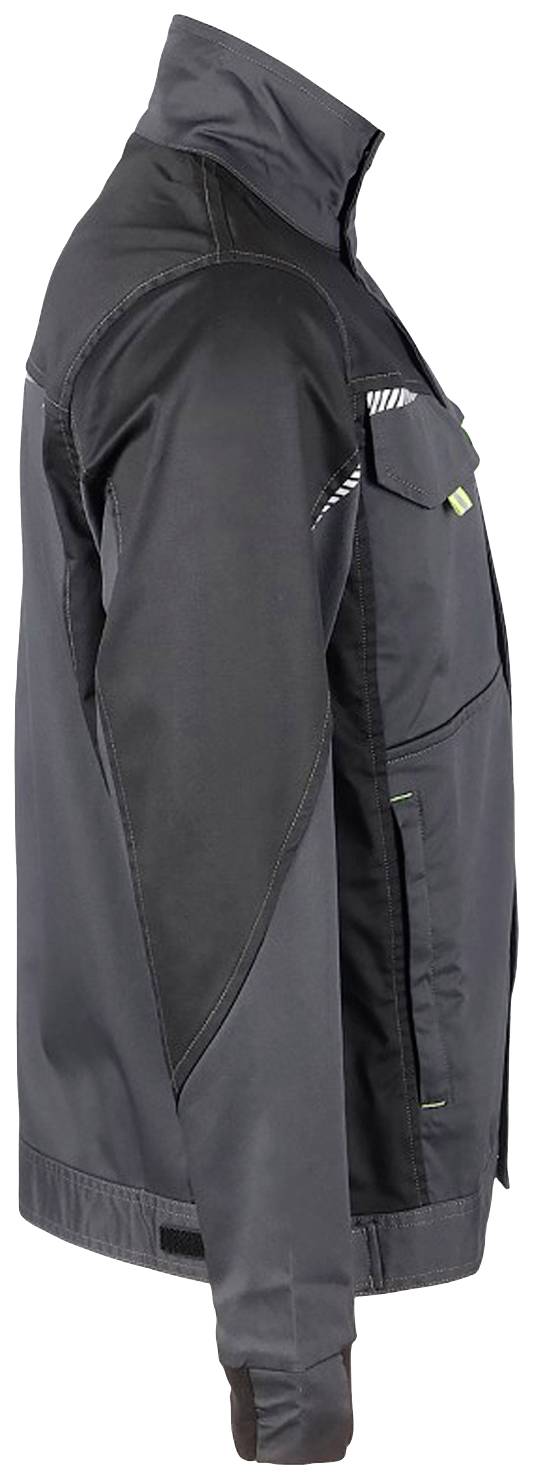 Schwarze Jacke in seitlicher Ansicht, mit hohem Kragen und mehreren Taschen. Design betont Funktionalität und Stil.