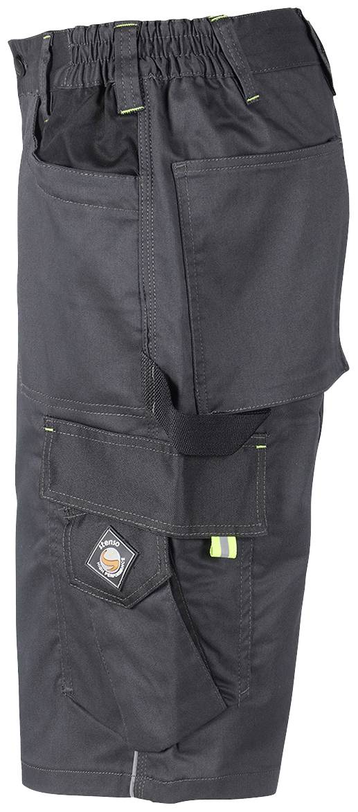 Schwarze Arbeitsshorts mit mehreren Taschen und grünen Nähten, geeignet für Handwerksarbeiten.