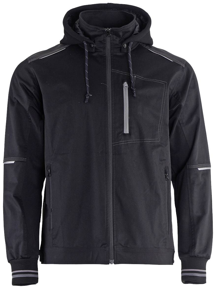 Eine schwarze Jacke mit Kapuze und Reißverschluss. Sie hat Reißverschlusstaschen und reflektierende Details an Schultern und Ärmeln.