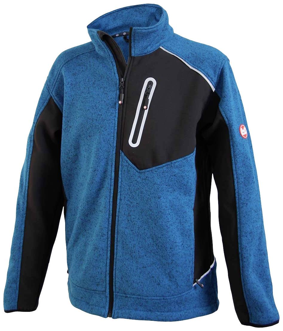 Blaue und schwarze Outdoor-Jacke mit Reißverschluss und hohem Kragen, geeignet für kühle Wetterbedingungen.