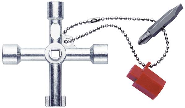 Silberner Vierkantschlüssel mit einem Kreuzdesign, befestigt an einer Kette mit einem rotgrauen Schraubendreheradapter.