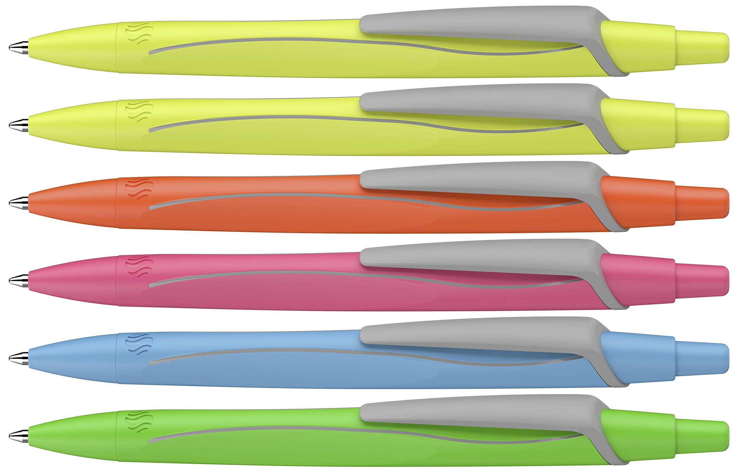 Sechs Stifte in gelb, orange, pink, blau, grün, parallel nebeneinander mit grauen Griffen auf weißem Hintergrund.