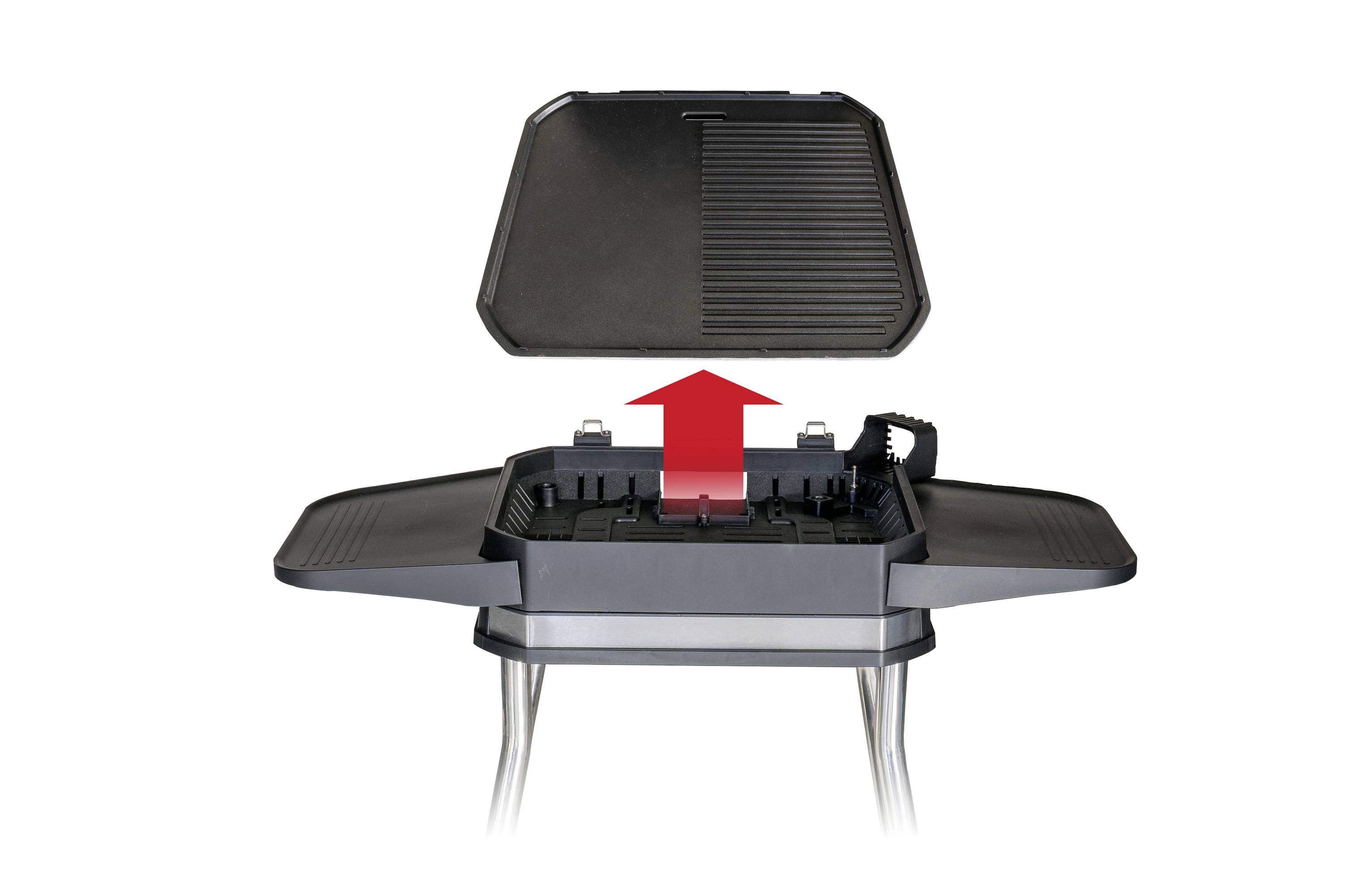 Ein elektrischer Grill mit abnehmbarem Deckel, der nach oben geöffnet wird, zeigt Heizfläche und seitliche Ablageflächen.