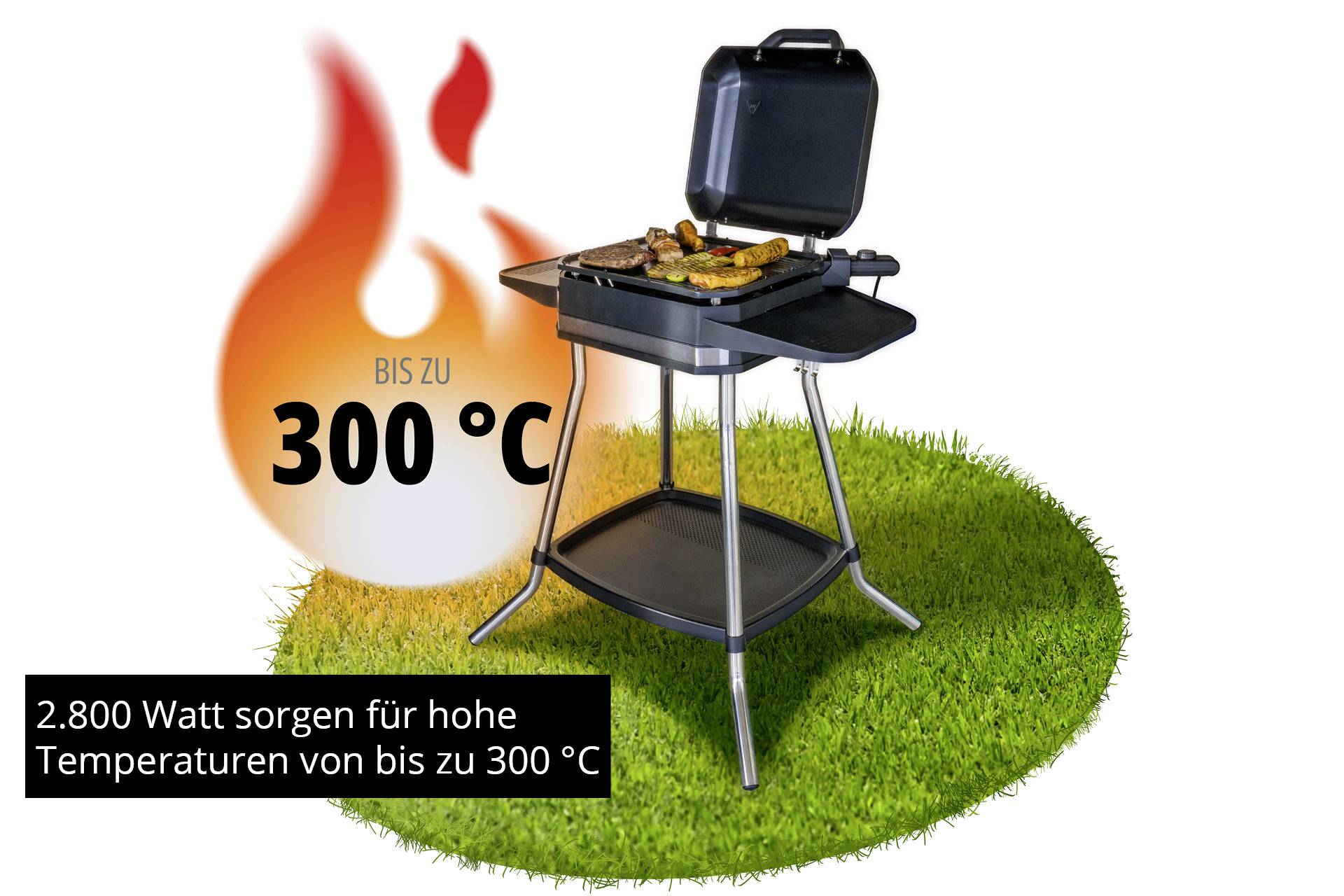 Elektrogrill mit geschlossenem Deckel auf Gras. Text: 'Bis zu 300°C'. 2.800 Watt Brenner für hohe Temperaturen.