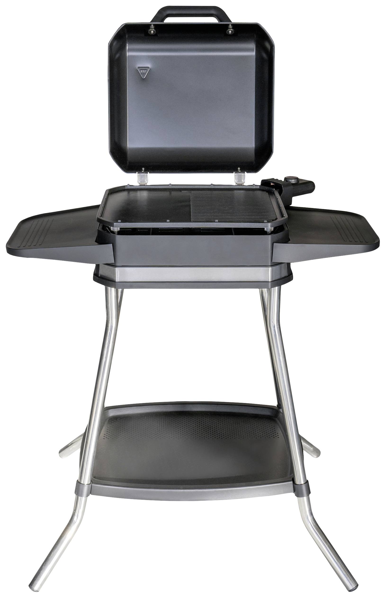 Ein schwarzer Elektrogrill steht auf einem Metallgestell. Der Deckel ist geöffnet. Darunter ist eine Grillfläche sichtbar.