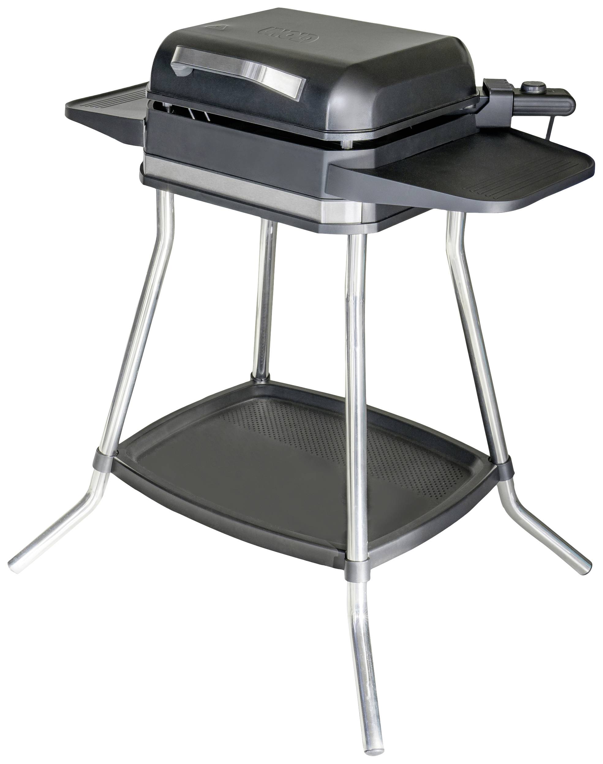 Schwarzer Elektrogrill auf silbernem Gestell mit Ablagefläche darunter, geeignet für Außenbereich, rechteckige Form mit Deckel.