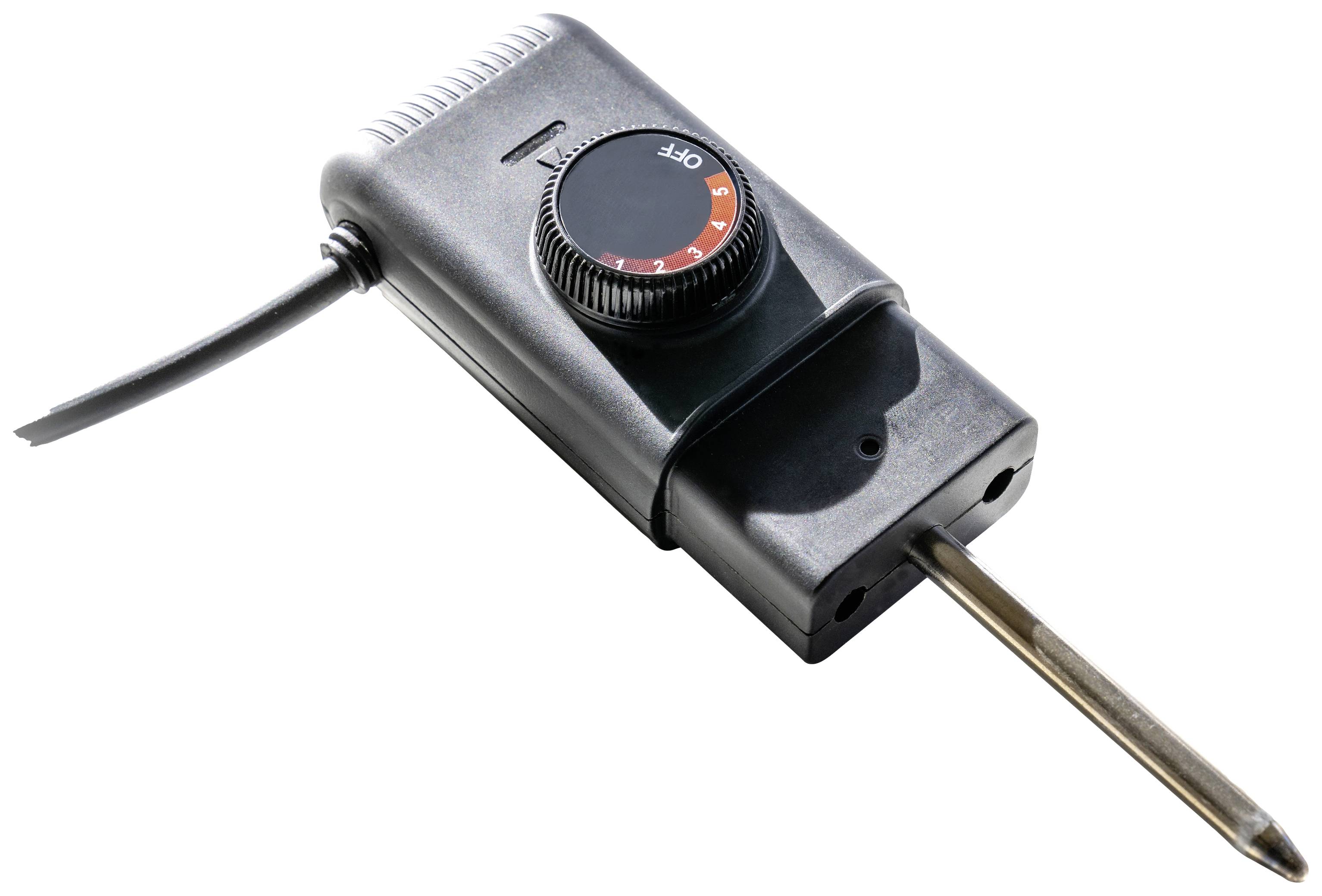 Elektrischer Temperaturregler mit Drehknopf und Sonde zur Messung und Anpassung der Temperatur in technischen Anwendungen.