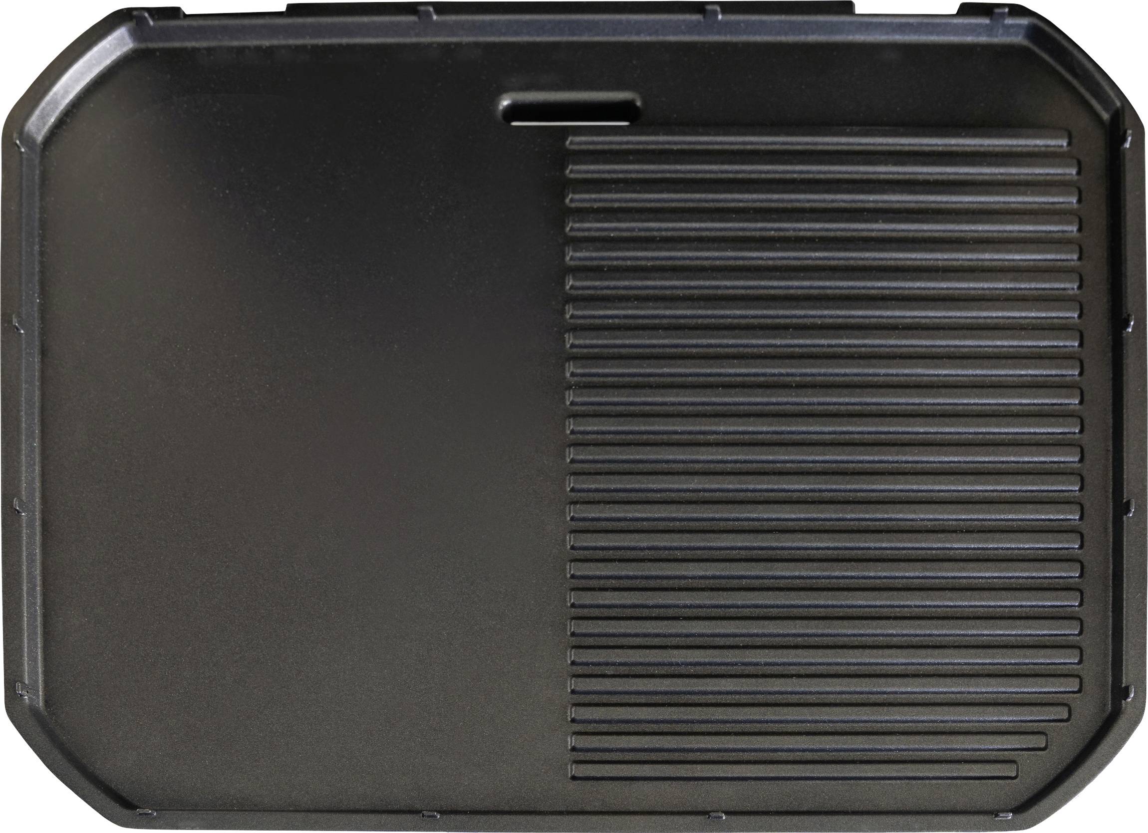 Eine schwarze, rechteckige Kunststoffablage mit geripptem Bereich auf der rechten Seite, vermutlich zum Abstellen von Gegenständen geeignet.