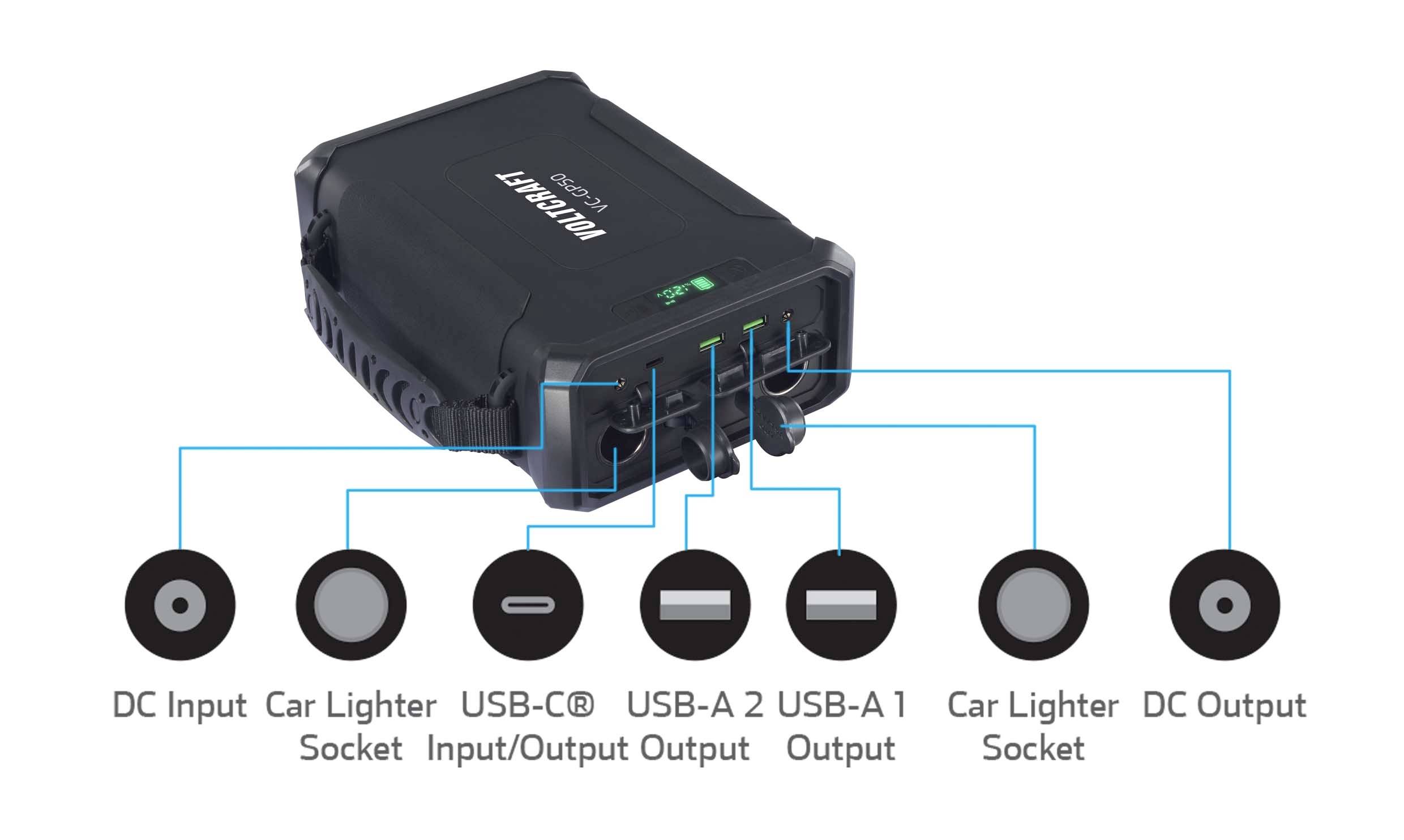 VOLTCRAFT VC-GP50 Powerbank 96000 mAh USB PD 2.0 Li-Ion Schwarz (matt) gleichzeitiges Laden und Entladen, LED Taschenlampe
