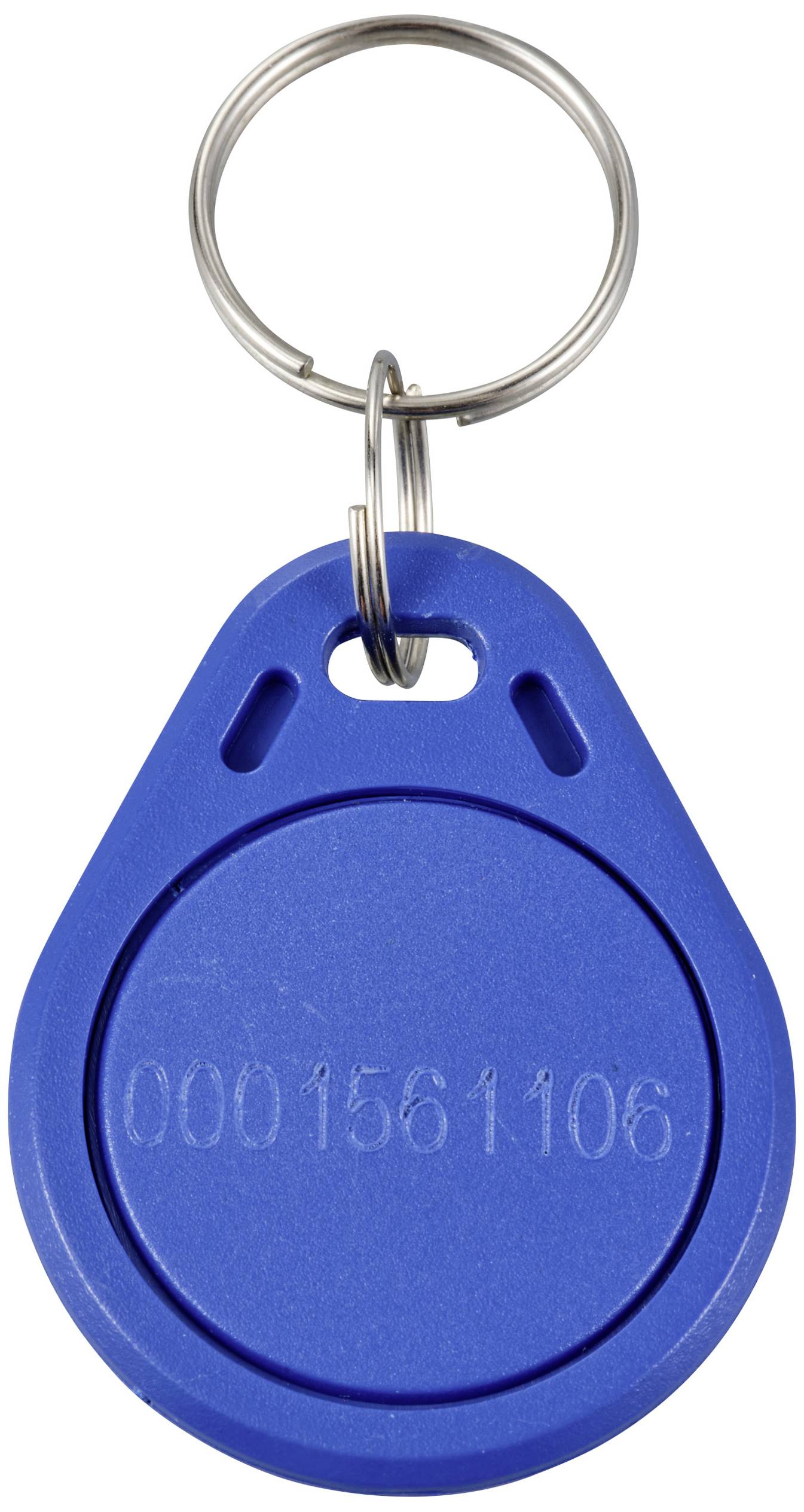 Ein blauer RFID-Schlüsselanhänger mit eingeprägter Nummer '0001561106' und integriertem Metallring.