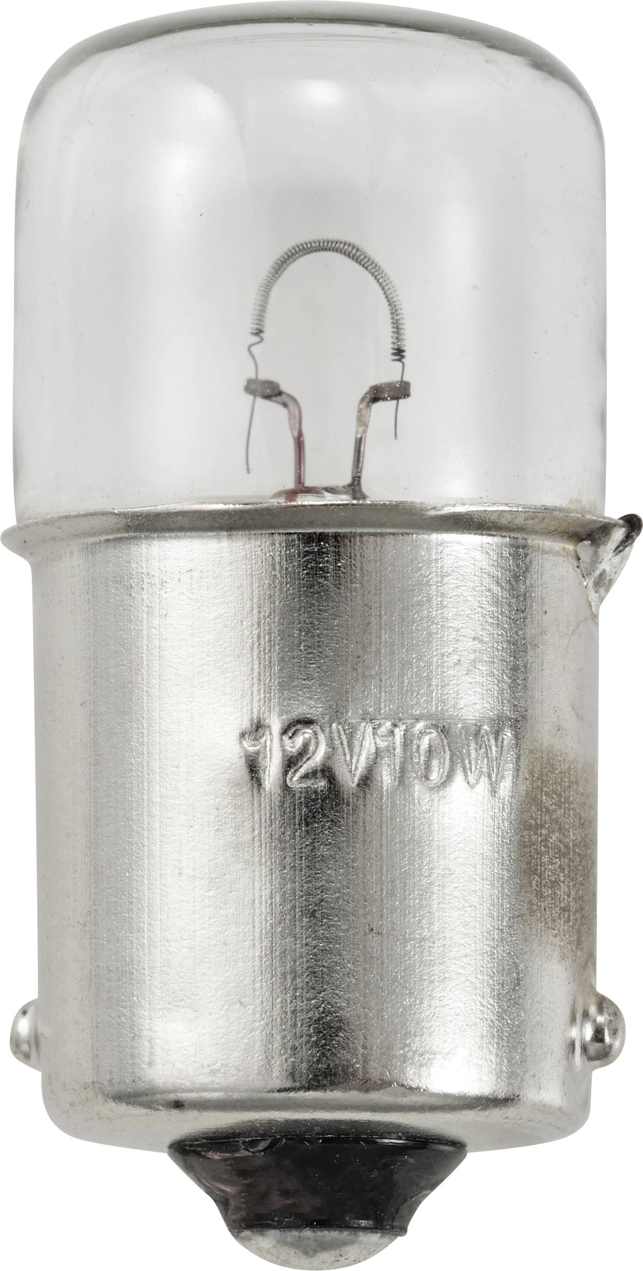 Eine Glühbirne mit der Aufschrift '12V10W', die in einer Metallfassung steckt.
