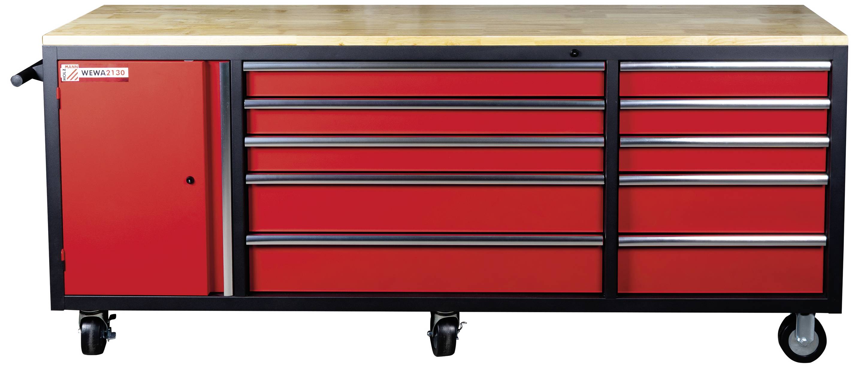 Rote Werkbank auf Rollen mit mehreren Schubladen und einem Türfach, ideal für die Organisation von Werkzeugen in Werkstätten.