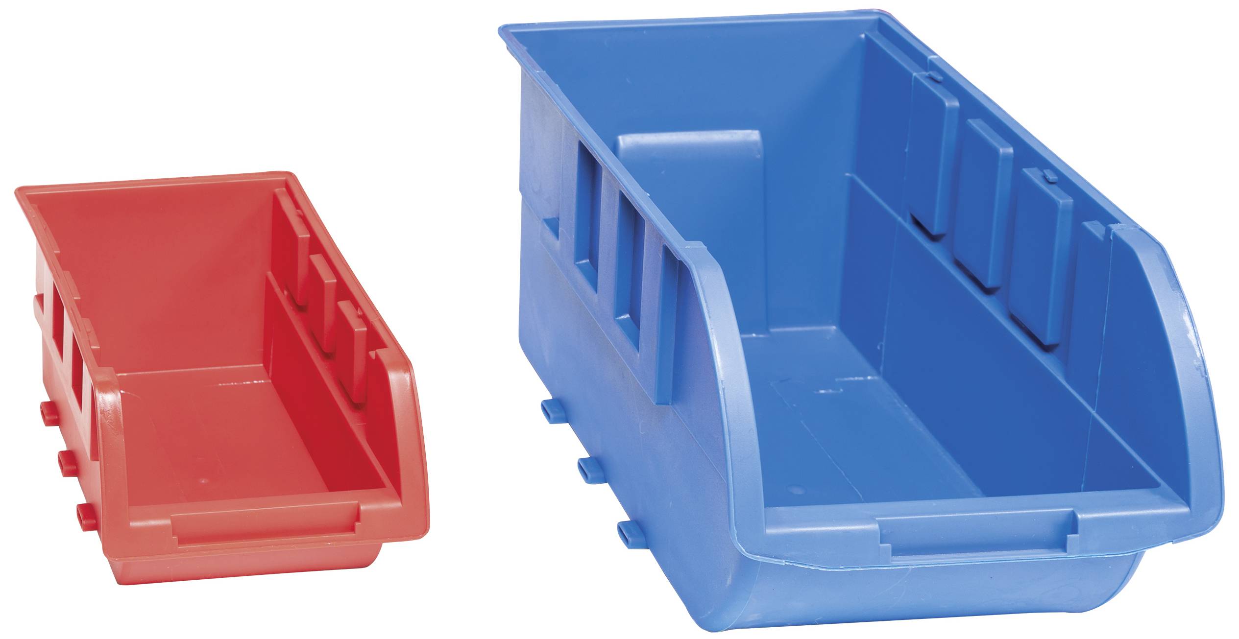 Zwei stapelbare, offene Kunststoffbehälter in Rot und Blau, die zur Aufbewahrung von Kleinteilen verwendet werden können.