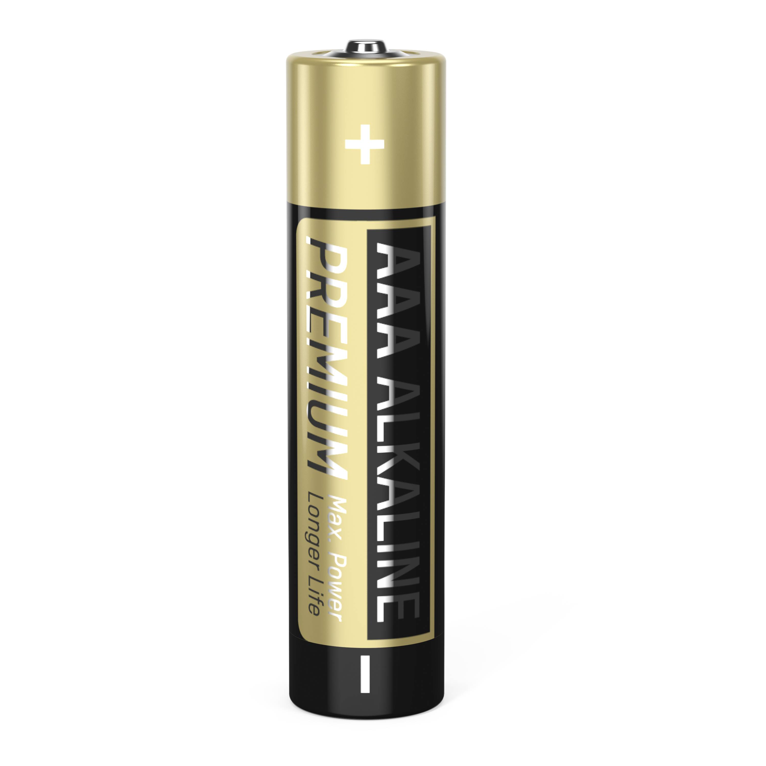 Batterie vom Typ AAA Alkaline, schwarz-gold mit der Aufschrift 'Premium Max Power Longer Life'. Plus- und Minuspol sind sichtbar.