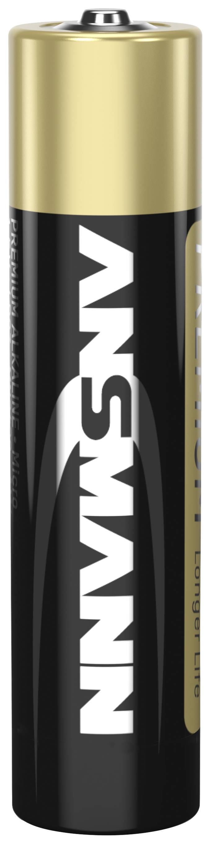 Eine AA-Batterie mit schwarzem und goldenem Design. Sie hat das Logo 'ANSMANN' in großen, weißen Buchstaben auf der Seite.