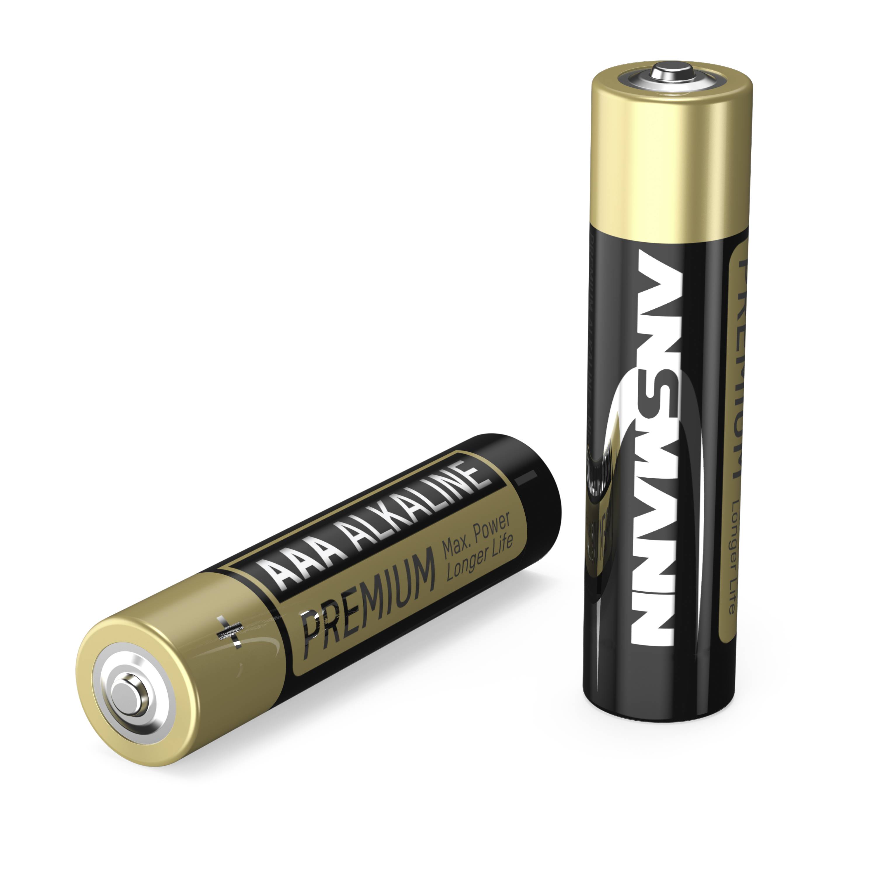 Zwei AAA-Alkalibatterien, eine stehend, eine liegend. Aufschrift 'PREMIUM' und 'ANSMANN'. Geeignet für elektronische Geräte.