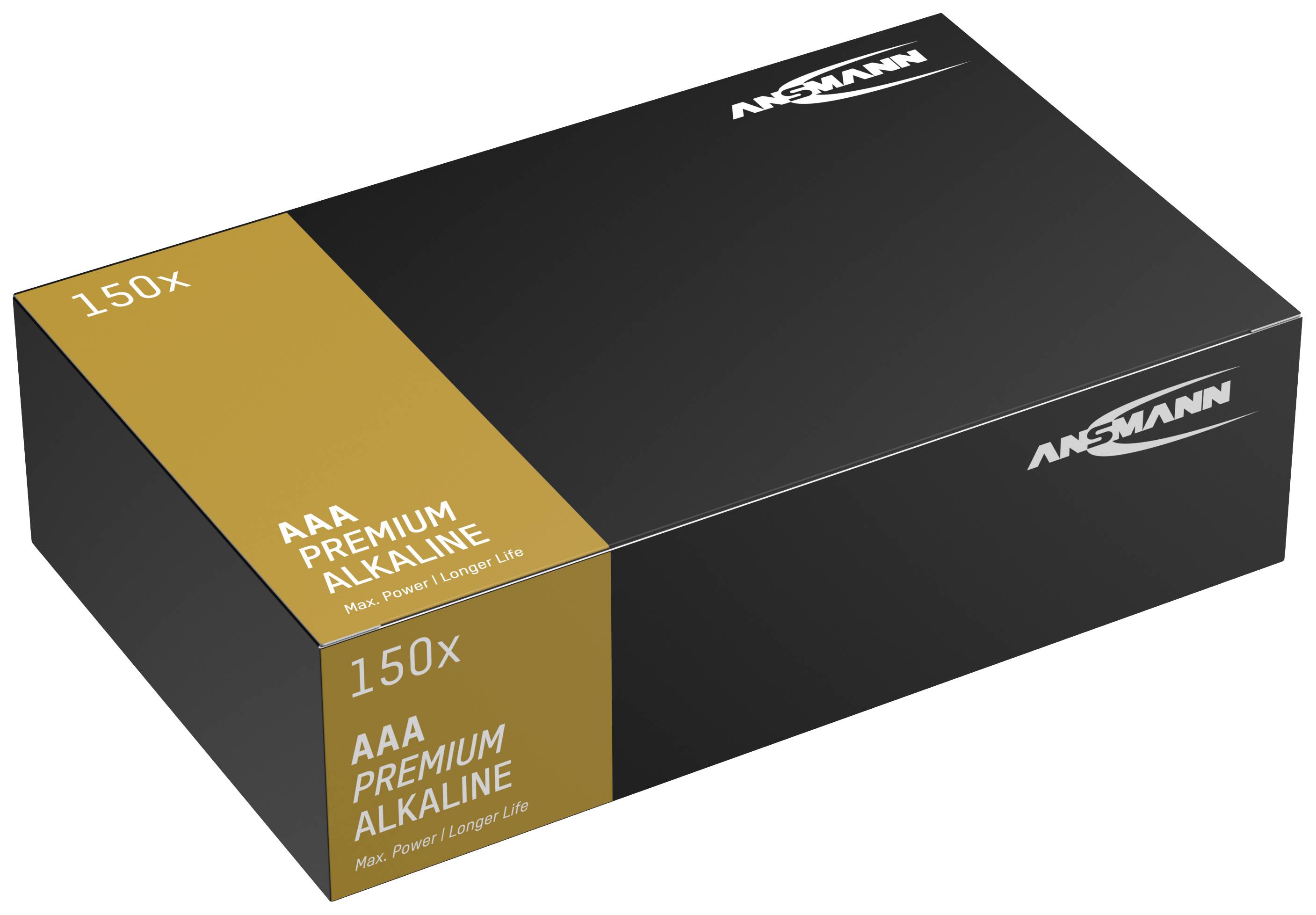Schwarzer Karton mit gelber Fläche, beschriftet '150x AAA Premium Alkaline'. Marke Ansmann. Enthält AAA-Batterien.