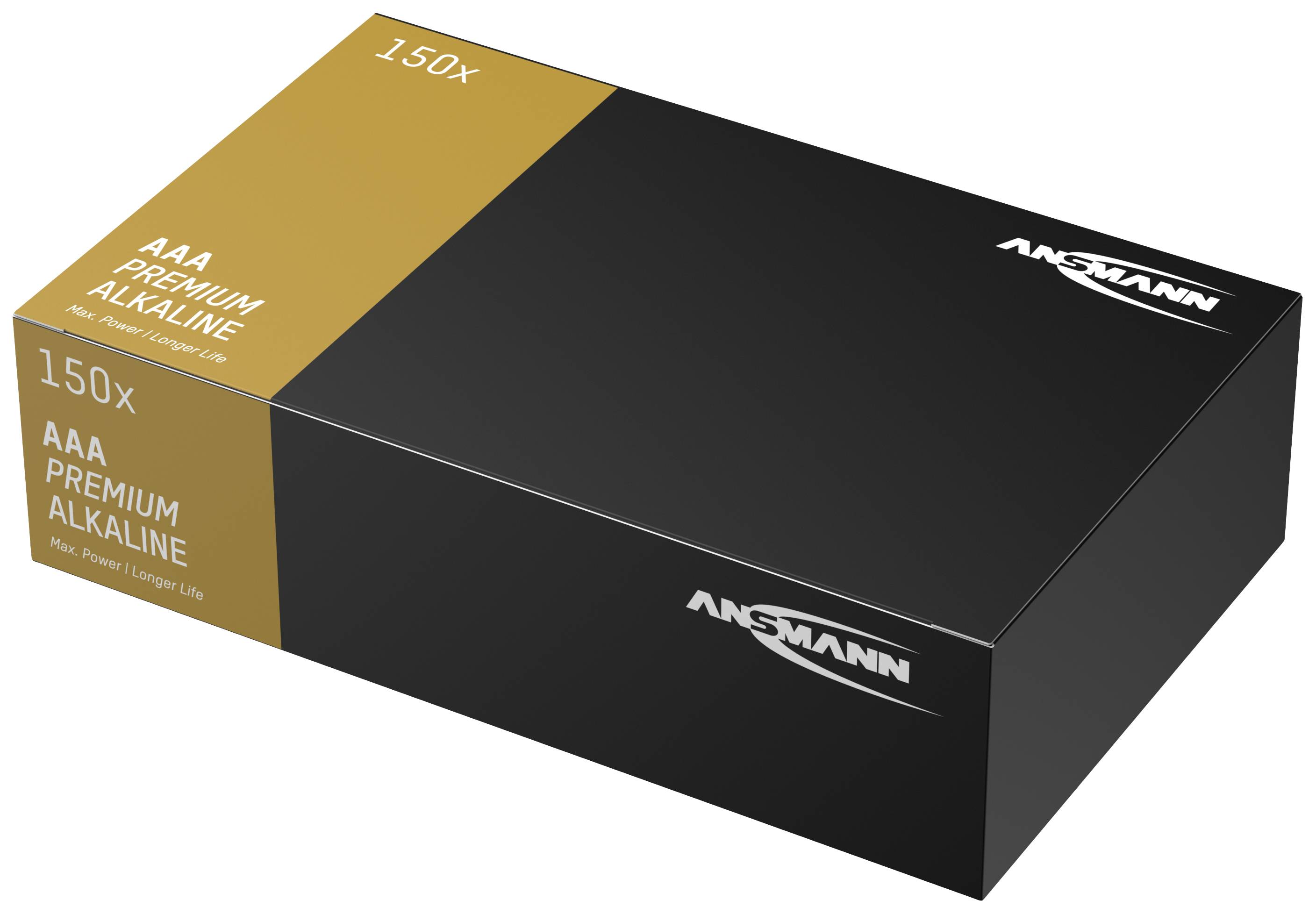 Große schwarze und goldene Verpackung mit der Aufschrift AAA Premium Alkaline, 150x. Marke Ansmann.