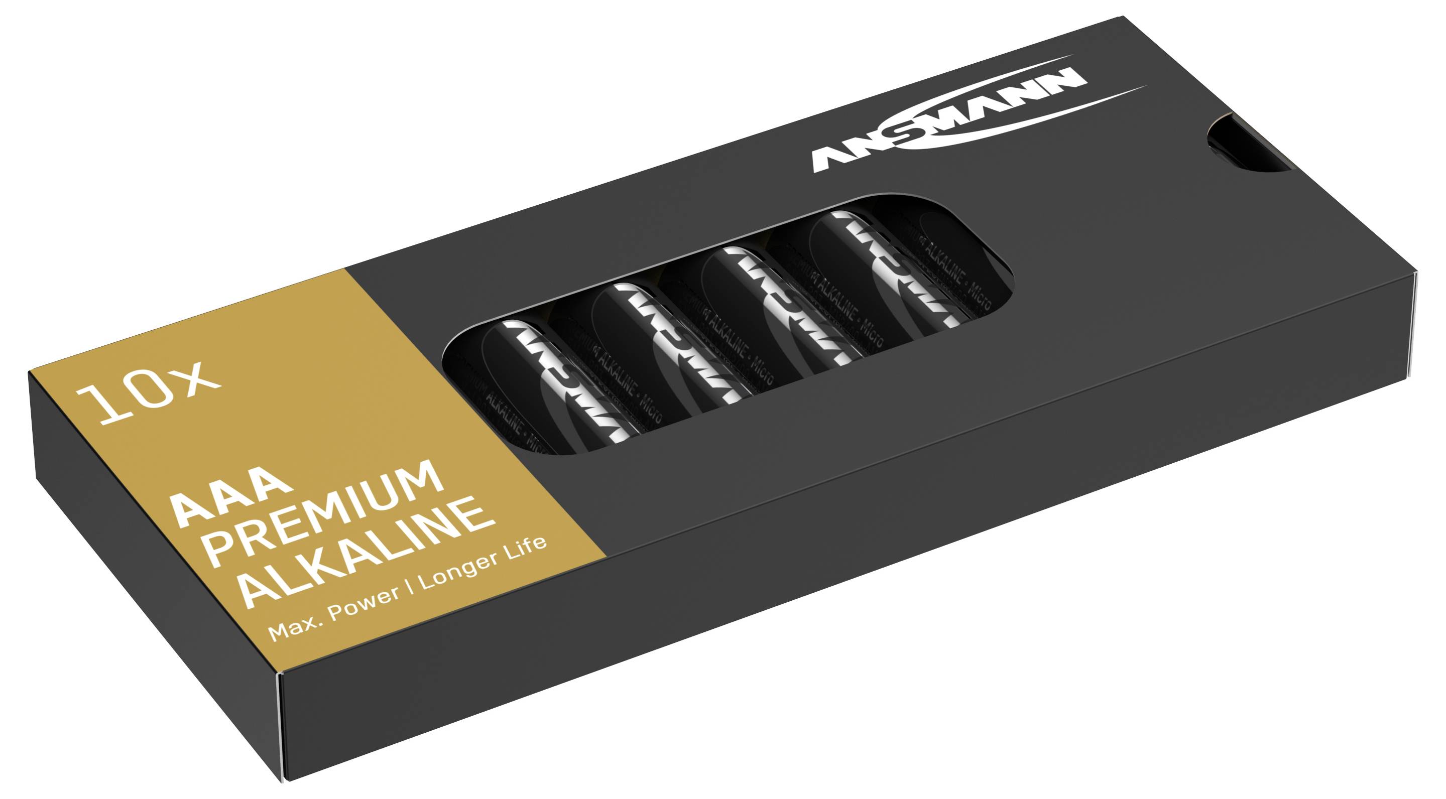 Packung mit zehn 'AAA Premium Alkaline'-Batterien von Ansmann, betont hohe Leistung und längere Lebensdauer.