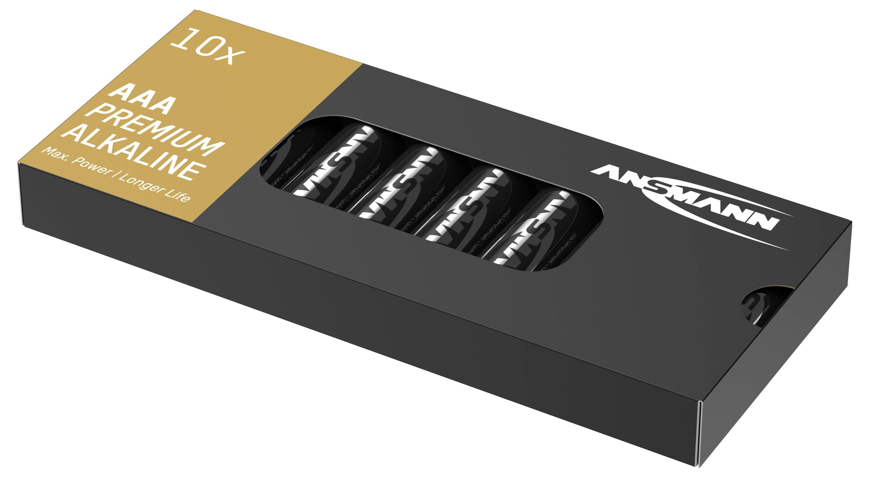 Schwarze Verpackung mit zehn AAA Premium Alkaline-Batterien der Marke Ansmann, betont Leistung und lange Lebensdauer.