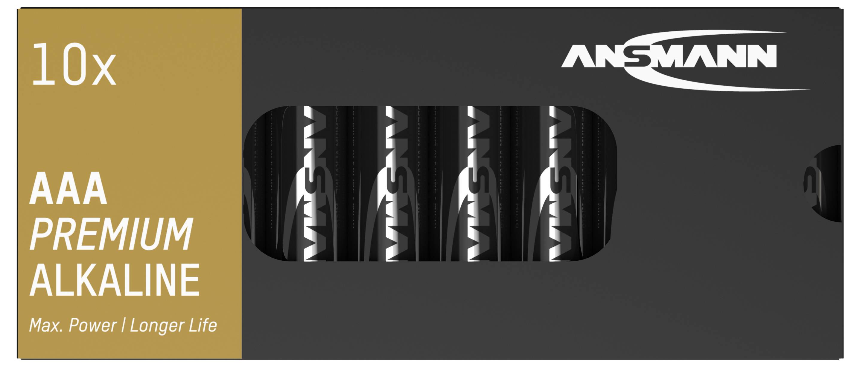 Packung mit 10 AAA Premium Alkaline-Batterien, Marke Ansmann, beworben mit Max. Power und längerer Lebensdauer.