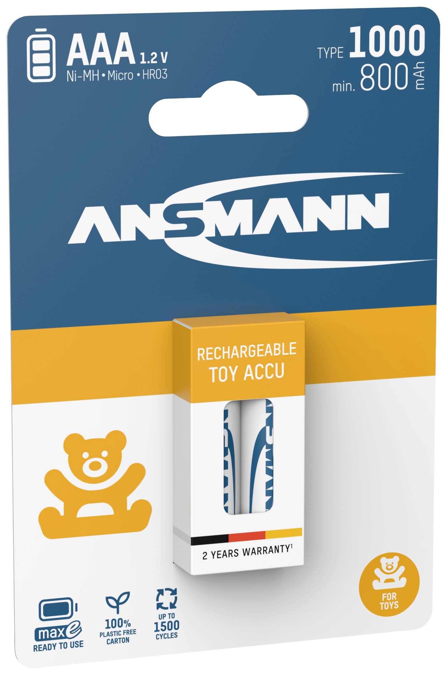 Verpackung von Ansmann AAA 1.2V Ni-MH-Akku, geeignet für Spielzeug. Kapazität: 1000mAh, mindestens 800mAh. Enthält 2 Akkus.