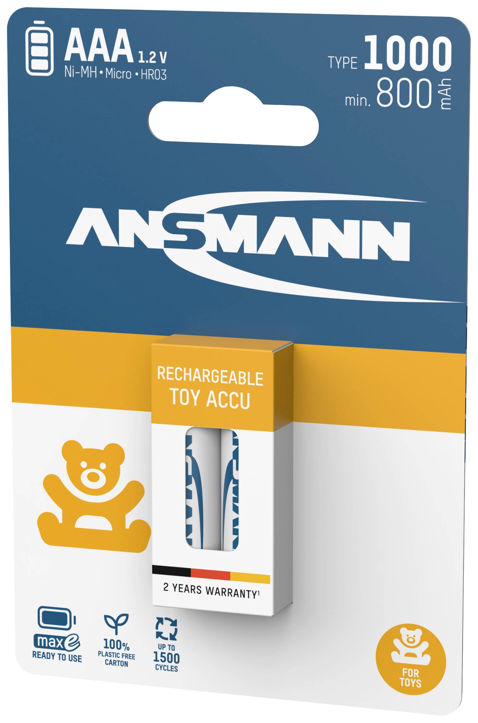 AAA-Akku von Ansmann, Ni-MH, 1,2 V, 1000 mAh, geeignet für Spielzeug, 2 Jahre Garantie, bis zu 1500 Ladezyklen.