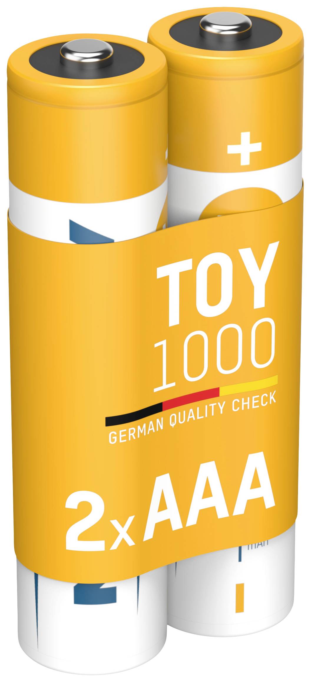 Zwei AAA-Batterien mit gelbem Etikett, auf dem 'TOY 1000 German Quality Check' steht.