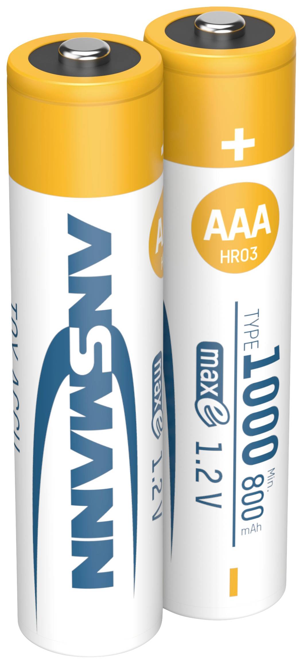 Zwei AAA-Batterien der Marke Ansmann mit gelben Enden und einer Spannung von 1,2V sowie einer Kapazität von 800 mAh.