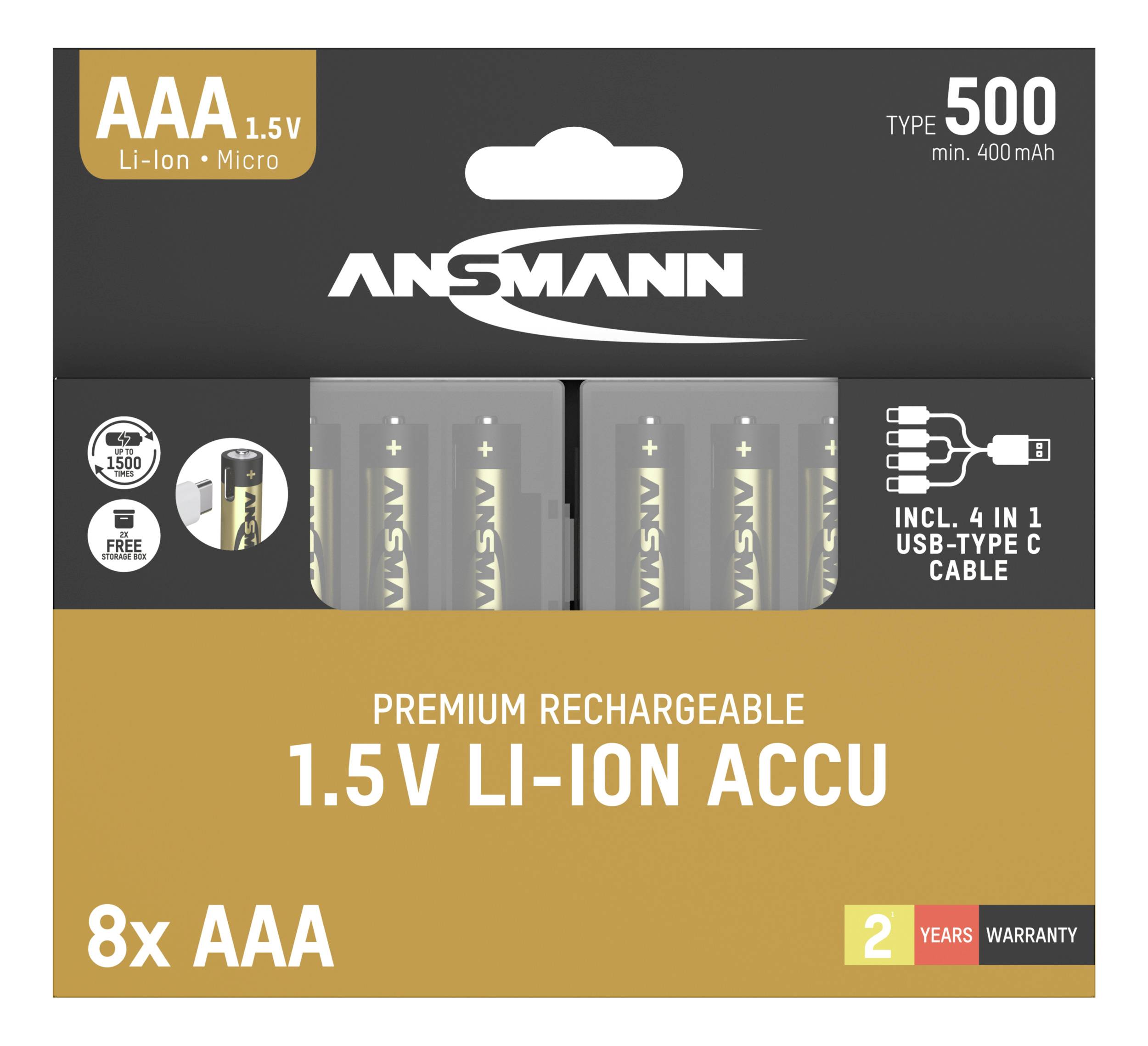 Acht wiederaufladbare AAA 1,5V Lithium-Ionen-Akkus mit USB-C-Kabel, Kapazität 500 mAh, 2 Jahre Garantie, Marke Ansmann.