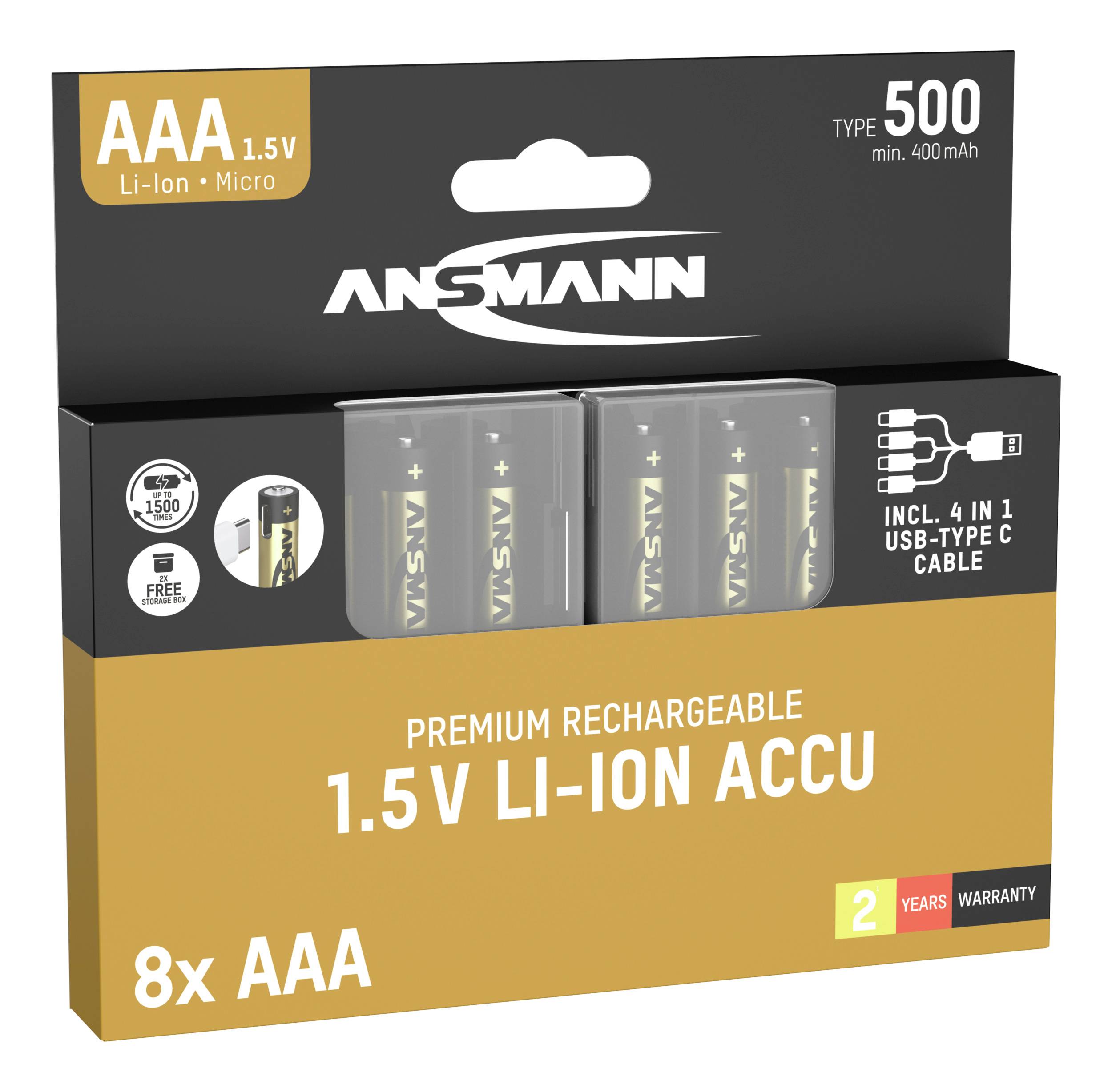 Acht AAA wiederaufladbare Lithium-Ionen-Akkus, Ansmann Marke, 1,5V, mit USB-C Kabel, 2 Jahre Garantie, Typ 500, 400mAh minimal.