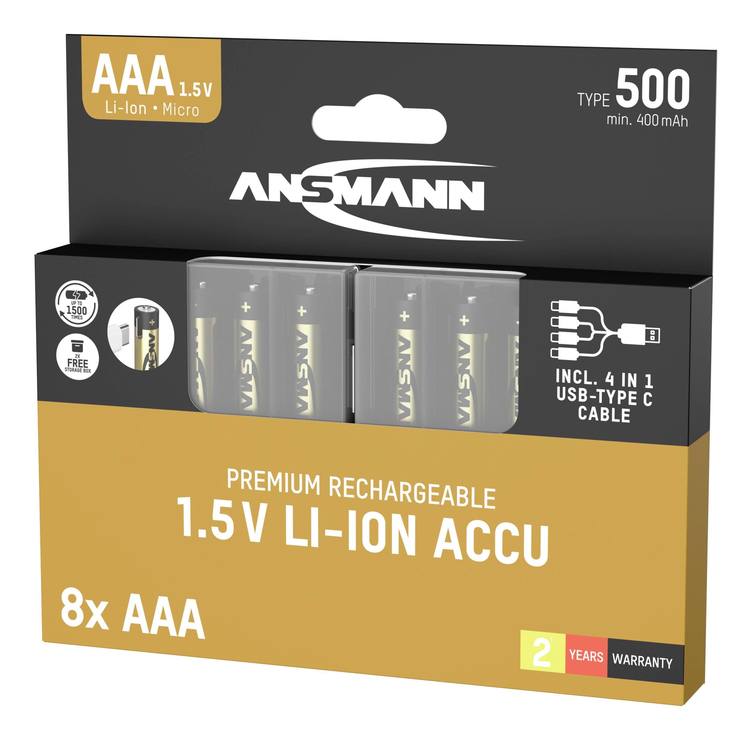 Verpackung für wiederaufladbare AAA Batterien. Marke Ansmann, 8 Stück enthalten. 1,5V Li-Ion mit USB-Typ C Kabel. 500 Ladezyklen.