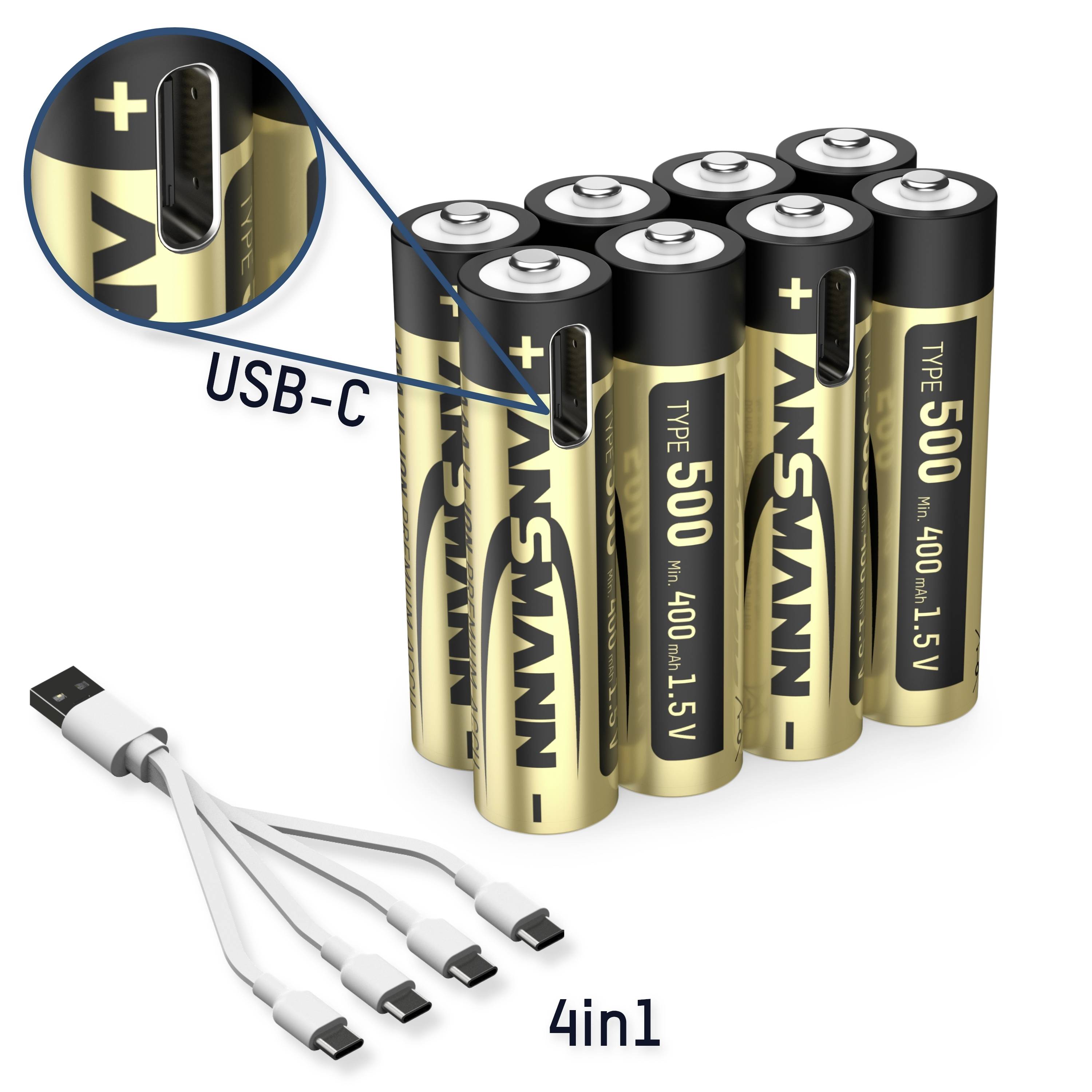 Ein Satz wiederaufladbarer AA-Batterien mit USB-C Ladeanschlüssen und einem USB-C Kabel mit vier Steckern.
