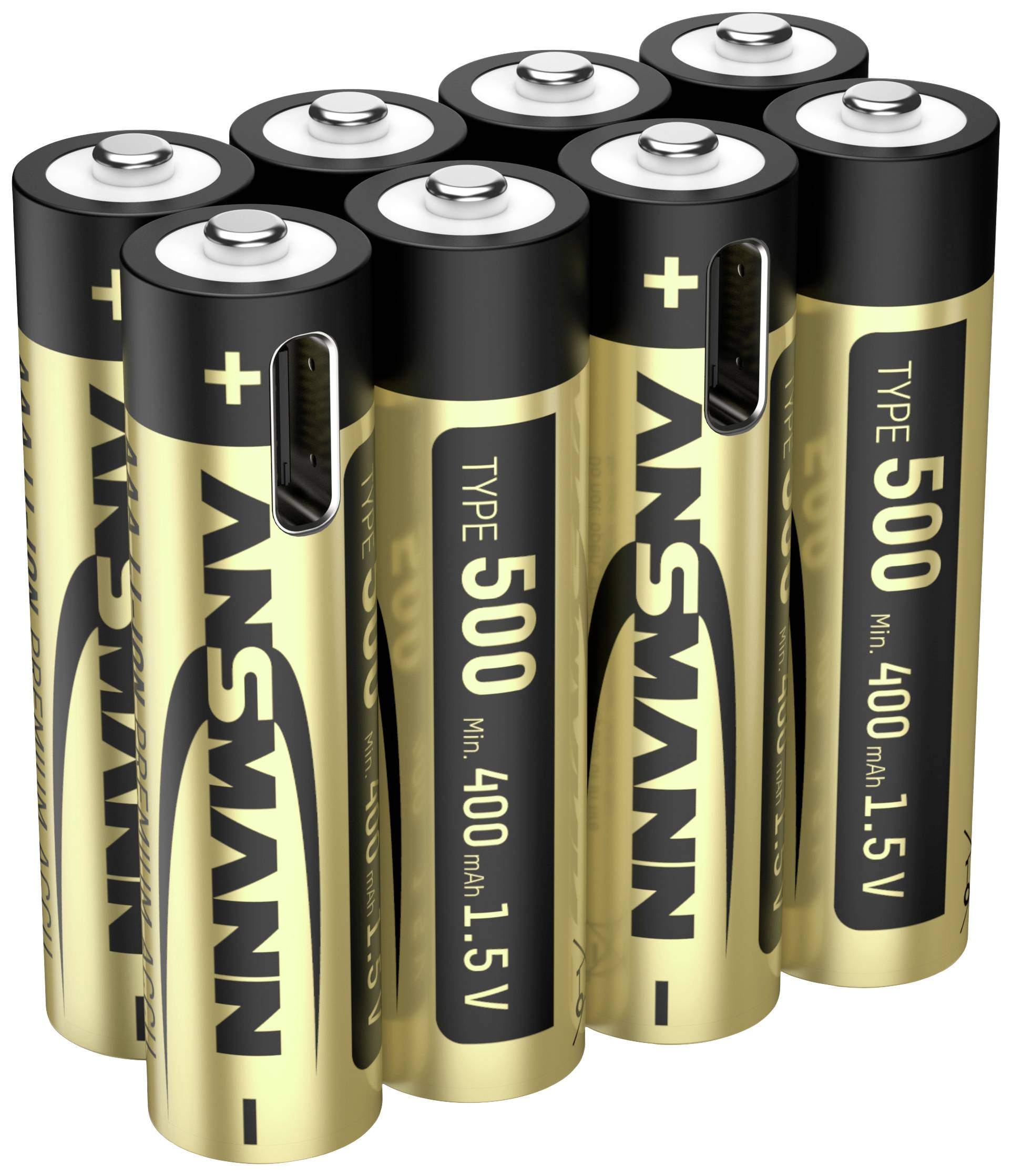 Sechs Alkalibatterien der Marke Ansmann, Typ 500, 1,5 V, in zwei Reihen angeordnet.