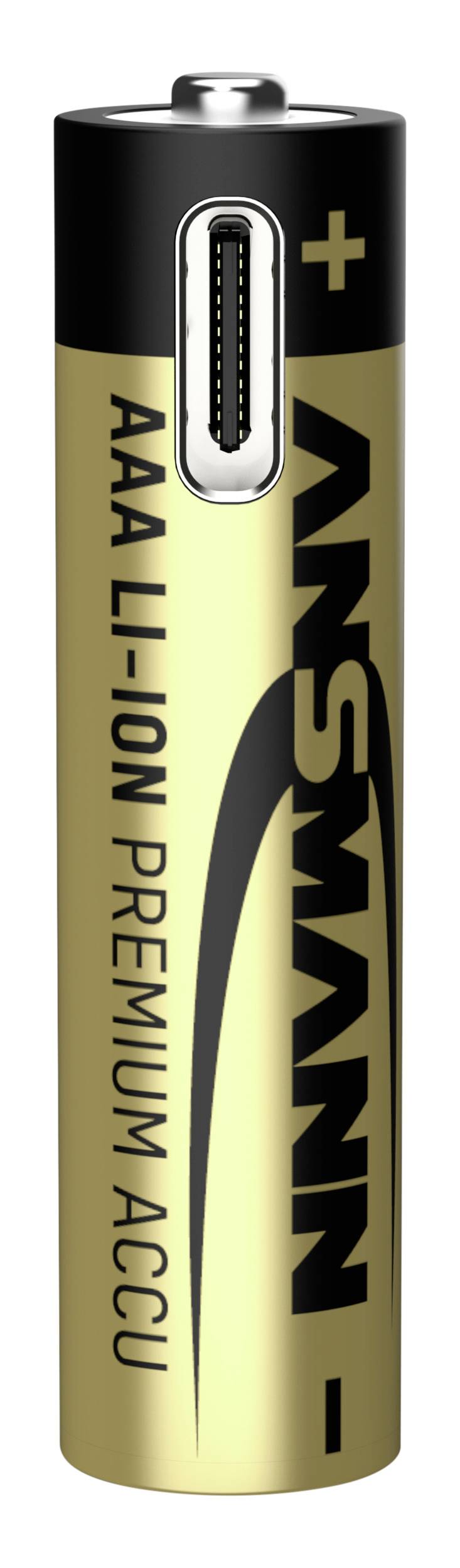 Eine goldene AAA Lithium-Ionen-Batterie mit 'ANSMANN AAA LI-ION PREMIUM ACCU' Aufschrift und Plus-Minus-Markierung oben.